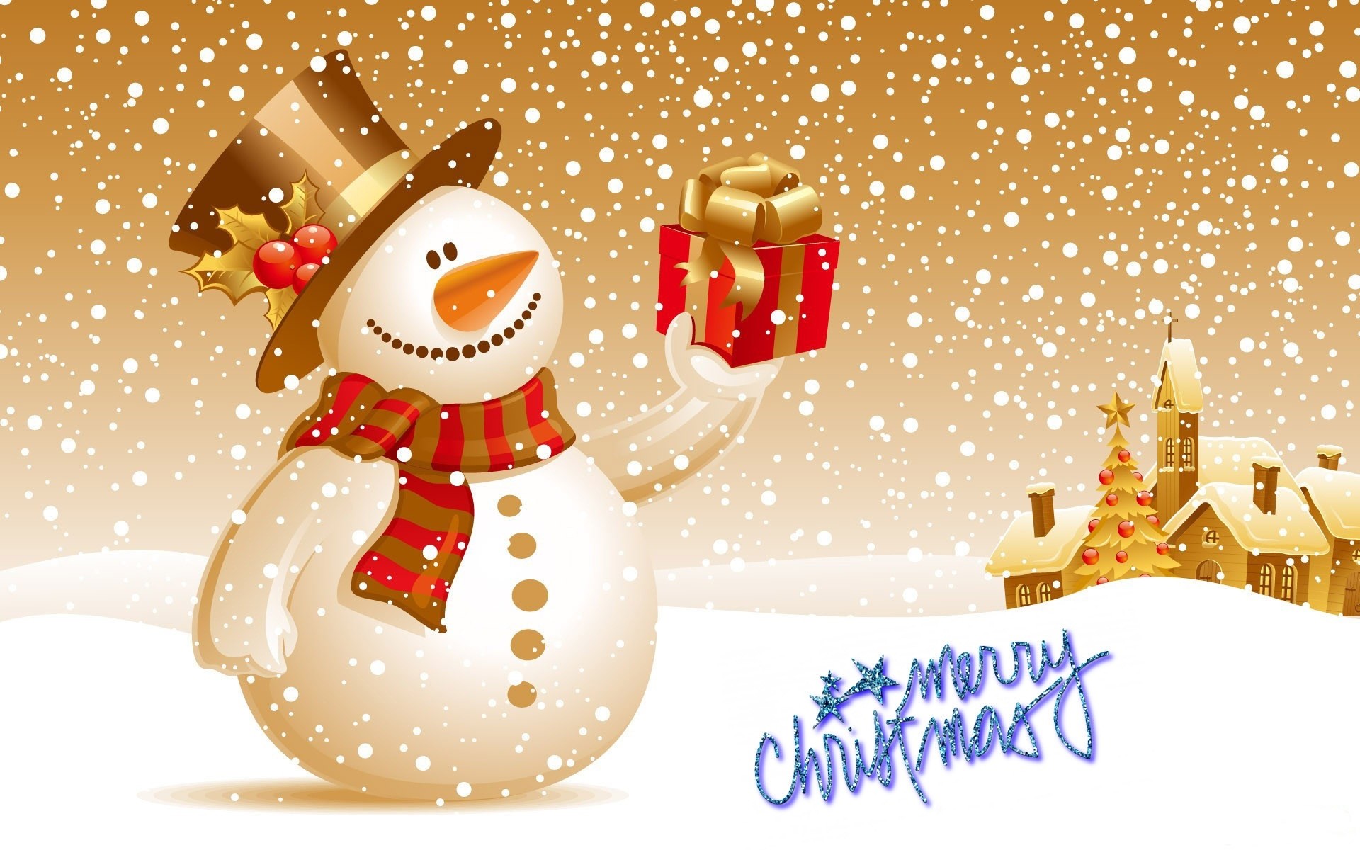 Pupazzo di neve, Merry Christmas, Regalo, Villaggio innevato, Illustrazione, immagine di sfondo