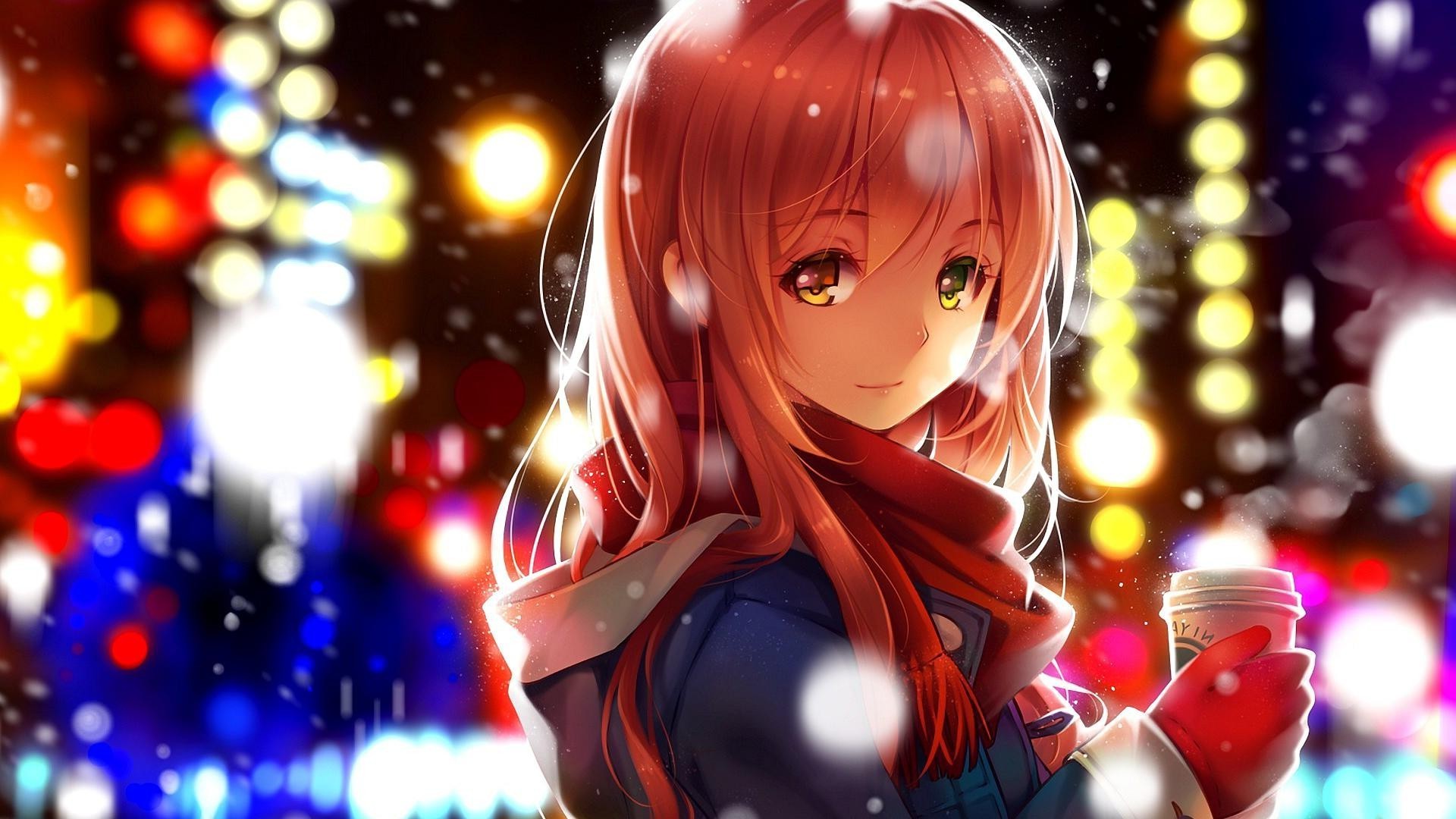 Ragazza anime, Bokeh, Sciarpa, Inverno, Neve, Full HD 1080p, sfondo desktop