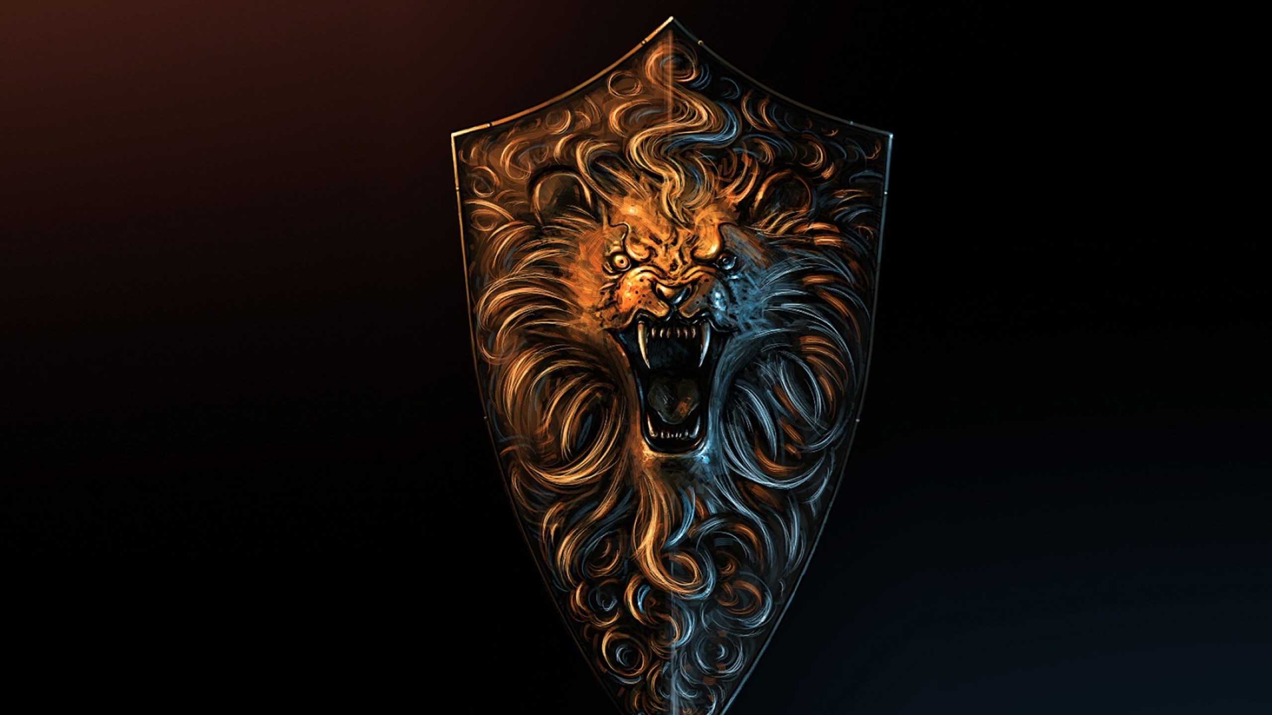 Scudo, Leone, Sfondo nero, 2K, wallpaper per computer