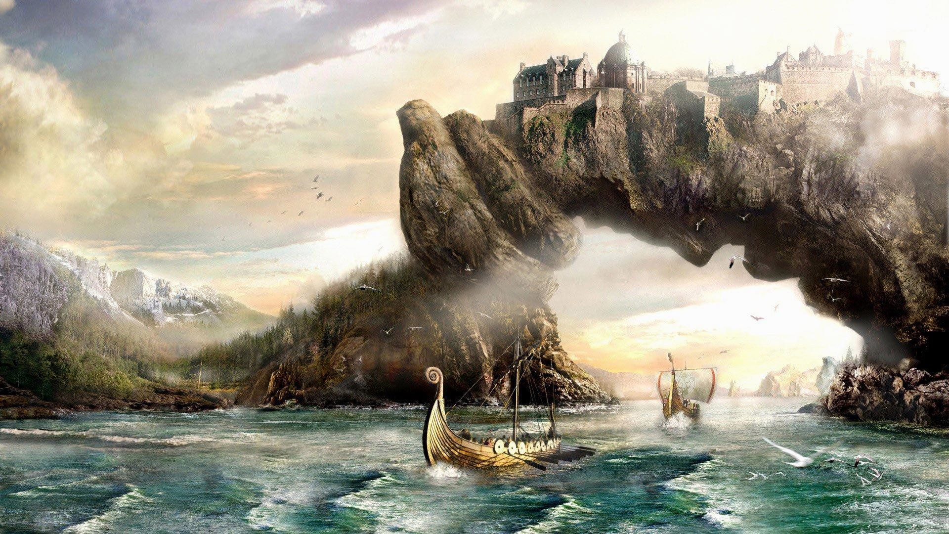 Drakkar, Arco di roccia, Castello, Arte fantasy, Full HD, wallpaper per portatile