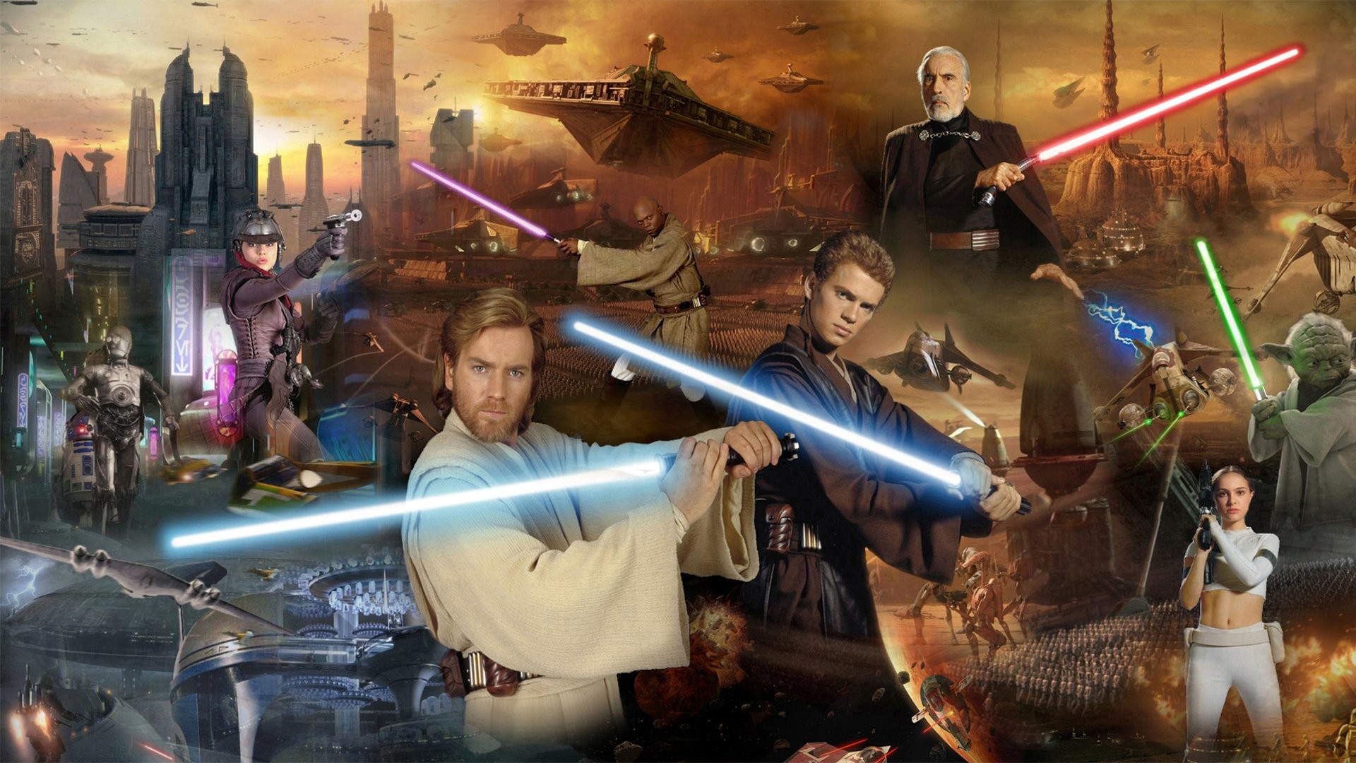 Star Wars: Episodio II - L'attacco dei cloni, Obi-Wan Kenobi, Anakin Skywalker, Conte Dooku, Coruscant, sfondo desktop