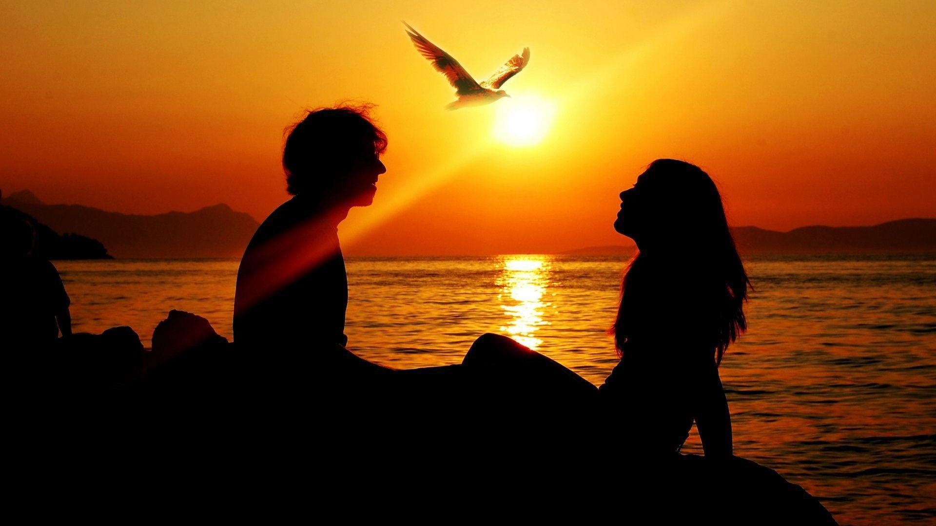 Coppia, Silhouette, Tramonto, Mare, Gabbiano, 16:9 Full HD, wallpaper widescreen