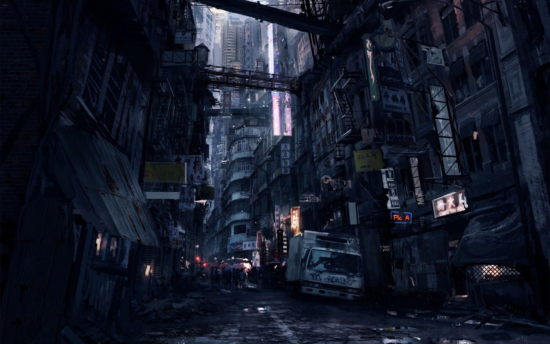 Vicolo cyberpunk, Città distopica, Buio, 1920x1200, immagine di sfondo