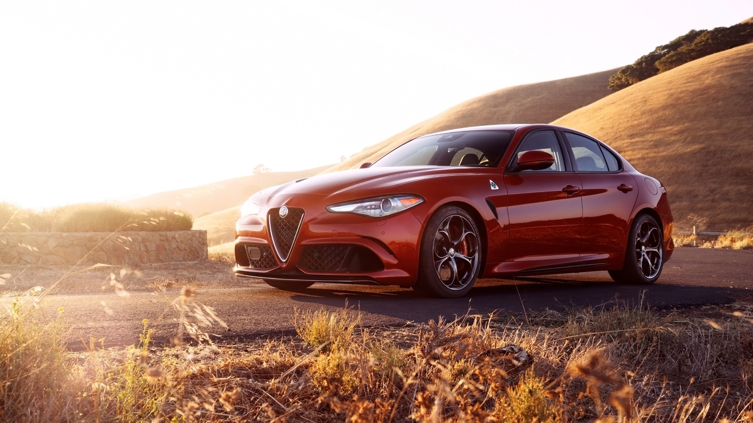 Alfa Romeo Giulia Quadrifoglio, Alfa Romeo, Berlina sportiva, Tramonto, Rosso, immagine di sfondo