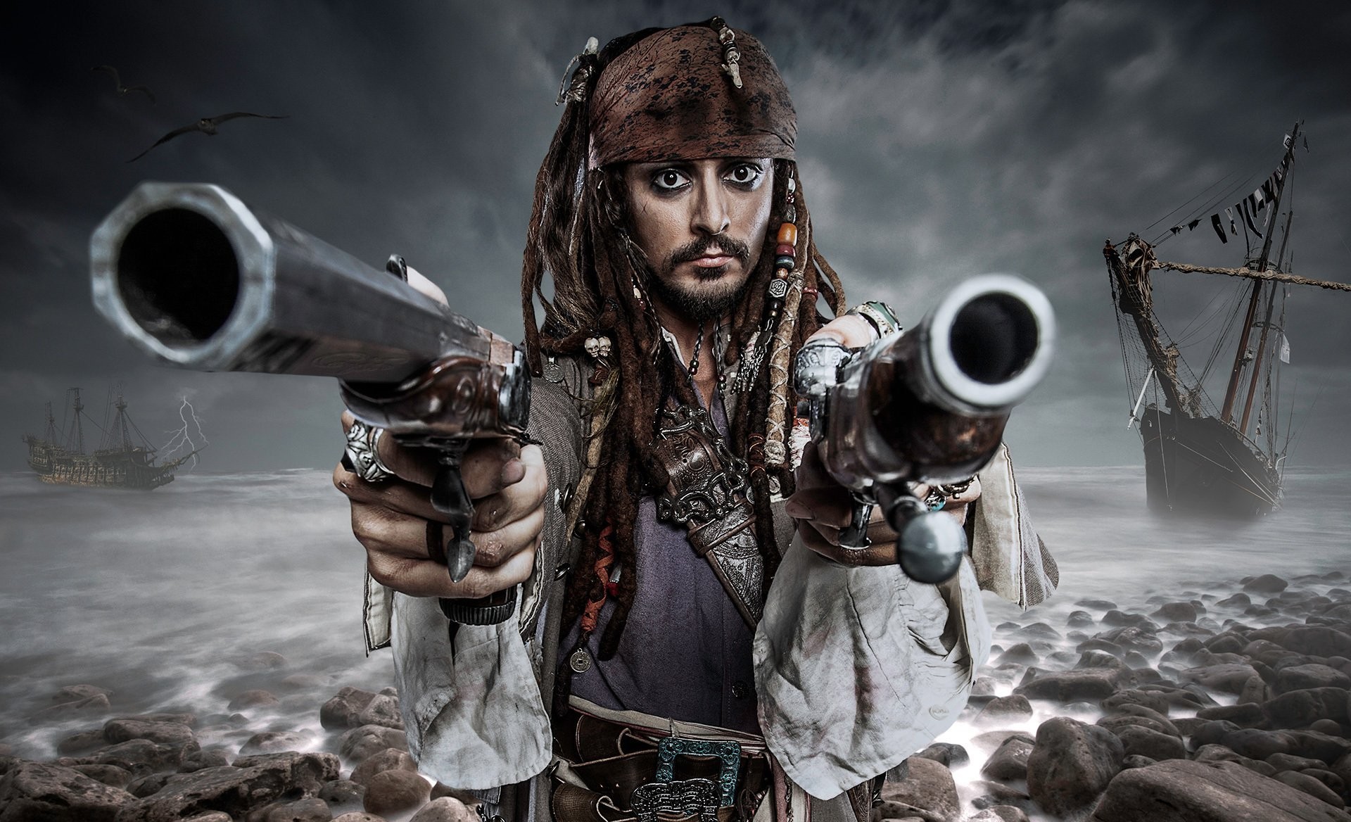 Jack Sparrow, Johnny Depp, Pistole, Naufragio, Tempesta, Full HD, sfondo per PC e portatile