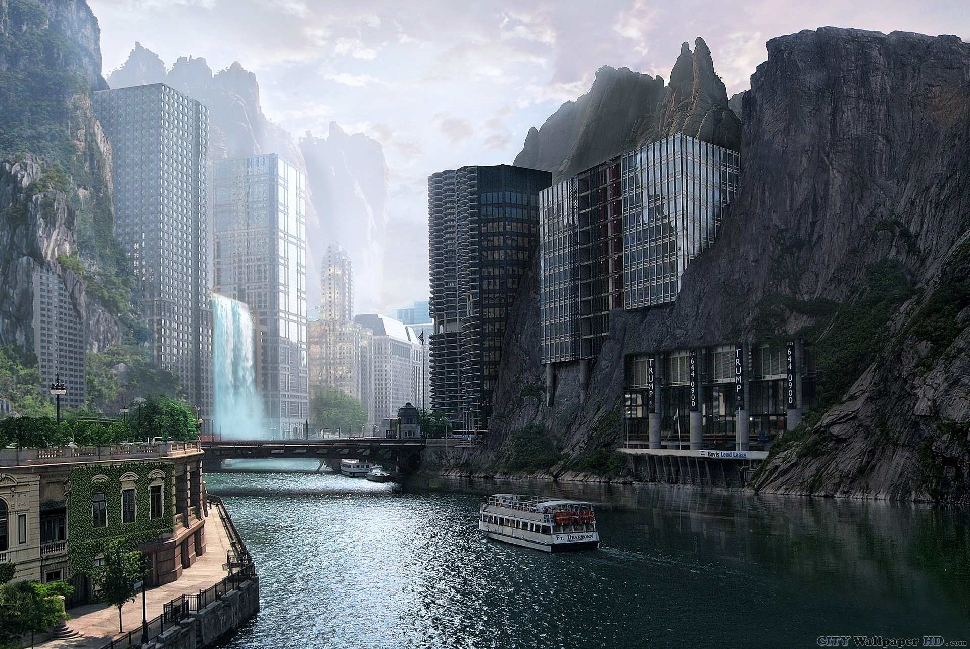 Città fantastica, Cascata, Grattacieli, Fiume, Arte digitale, Full HD, sfondo per PC