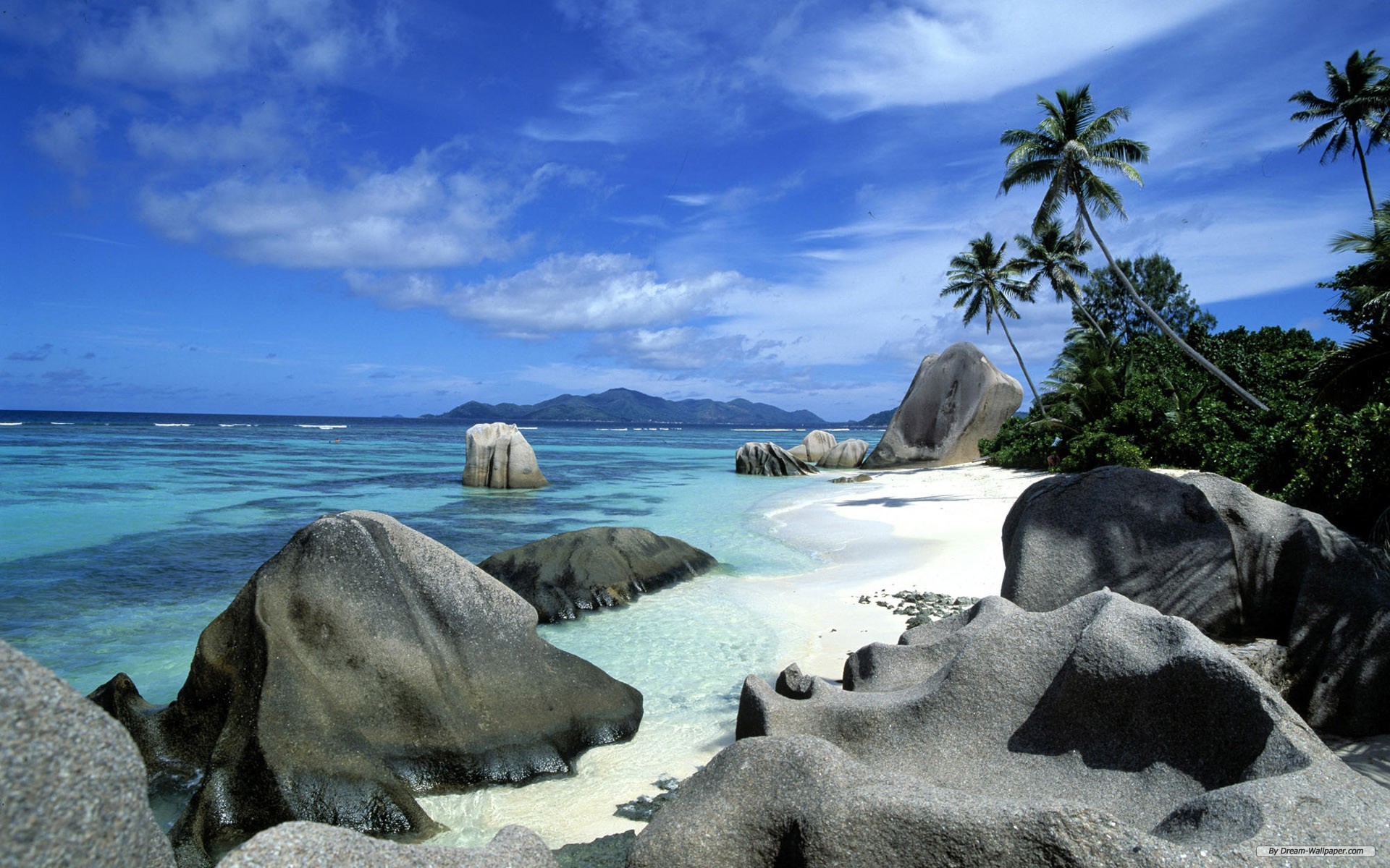 Anse Source d'Argent, La Digue, Seychelles, Rocce di granito, Palme, Spiaggia, sfondo desktop