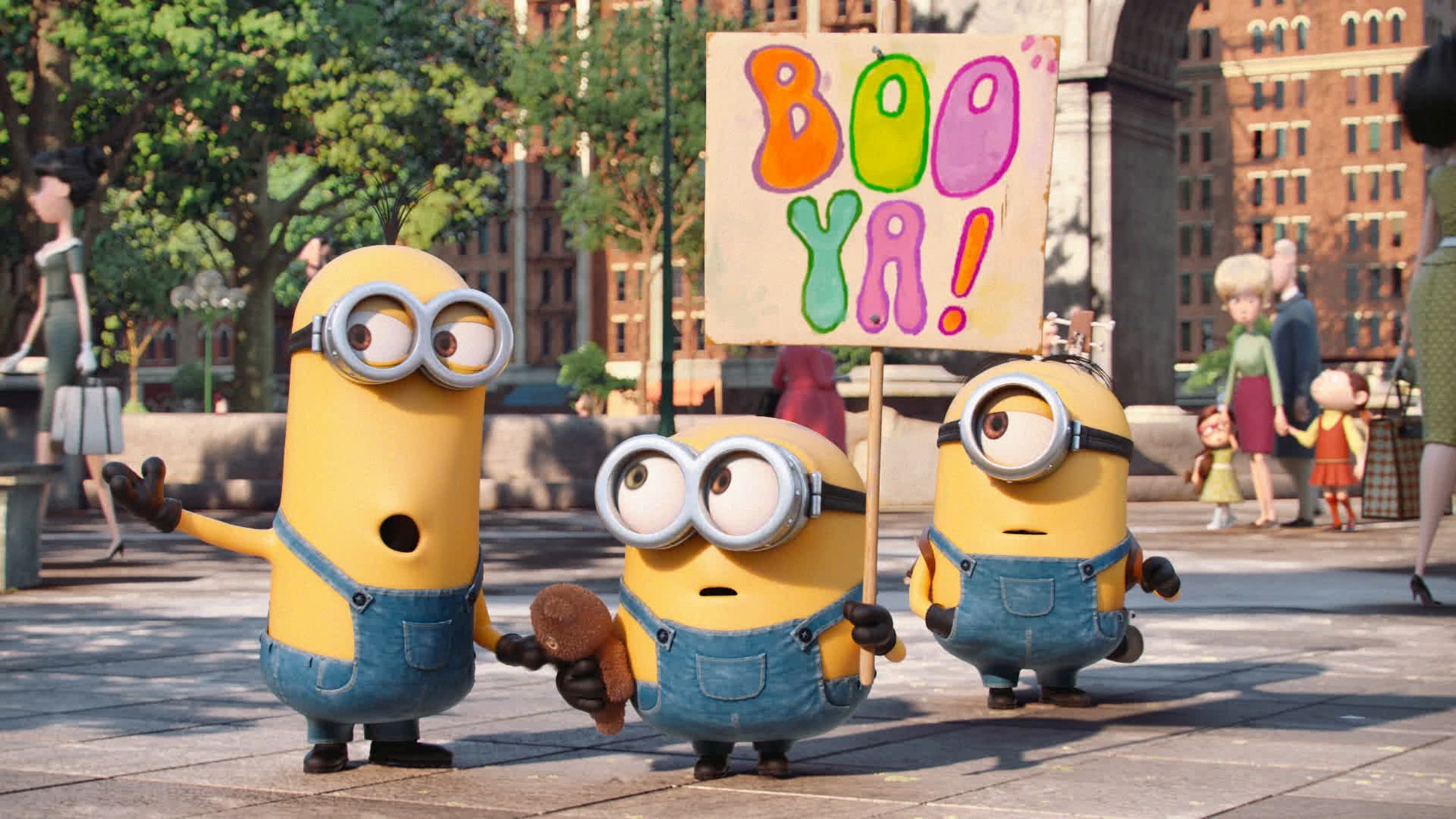 Minions, Boo Ya, Cartello, Città, Full HD, sfondo per PC