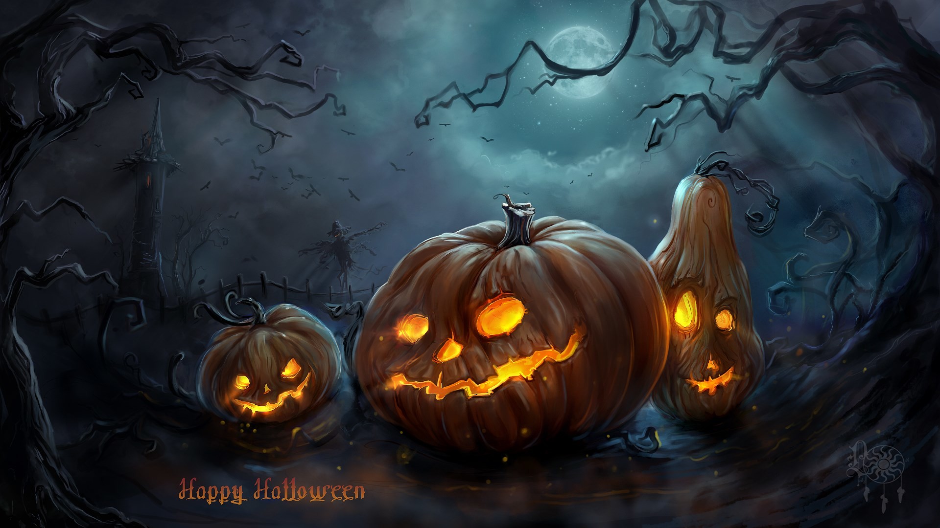 Halloween, Zucche intagliate, Jack-o'-lantern, Notte, Full HD, sfondo per PC