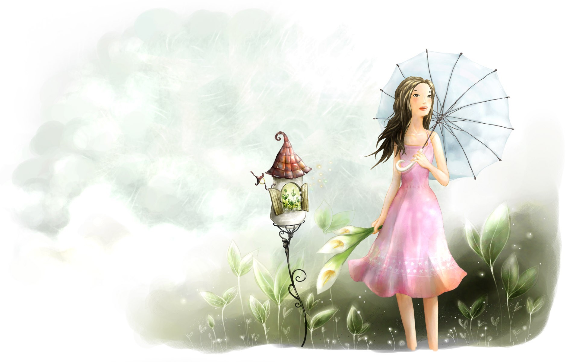 Ragazza, Ombrellino, Acquerello, Illustrazione, Full HD, sfondo desktop
