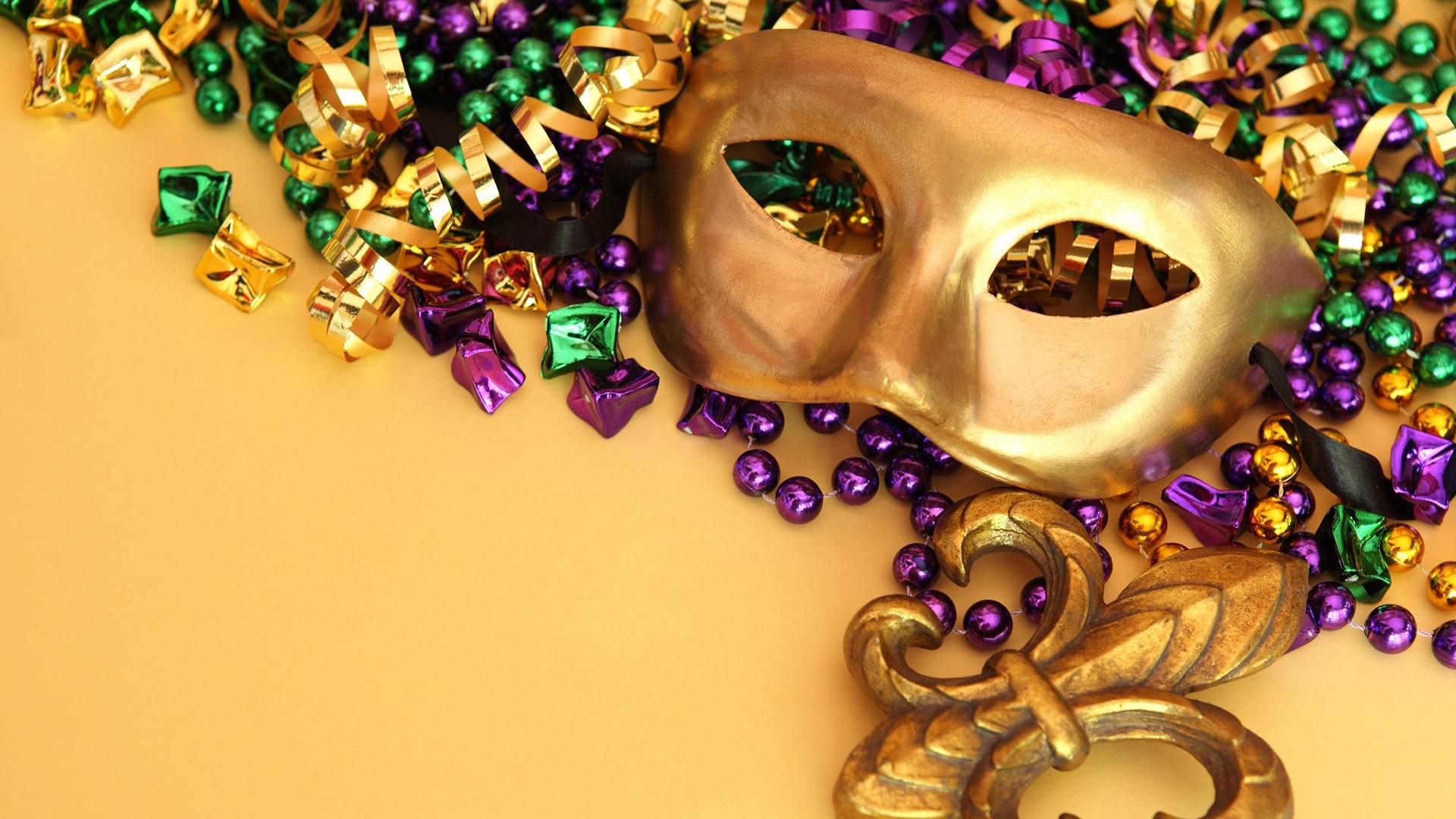 Mardi Gras, Maschera dorata, Collane di perline, Coriandoli, Full HD, sfondo per portatile