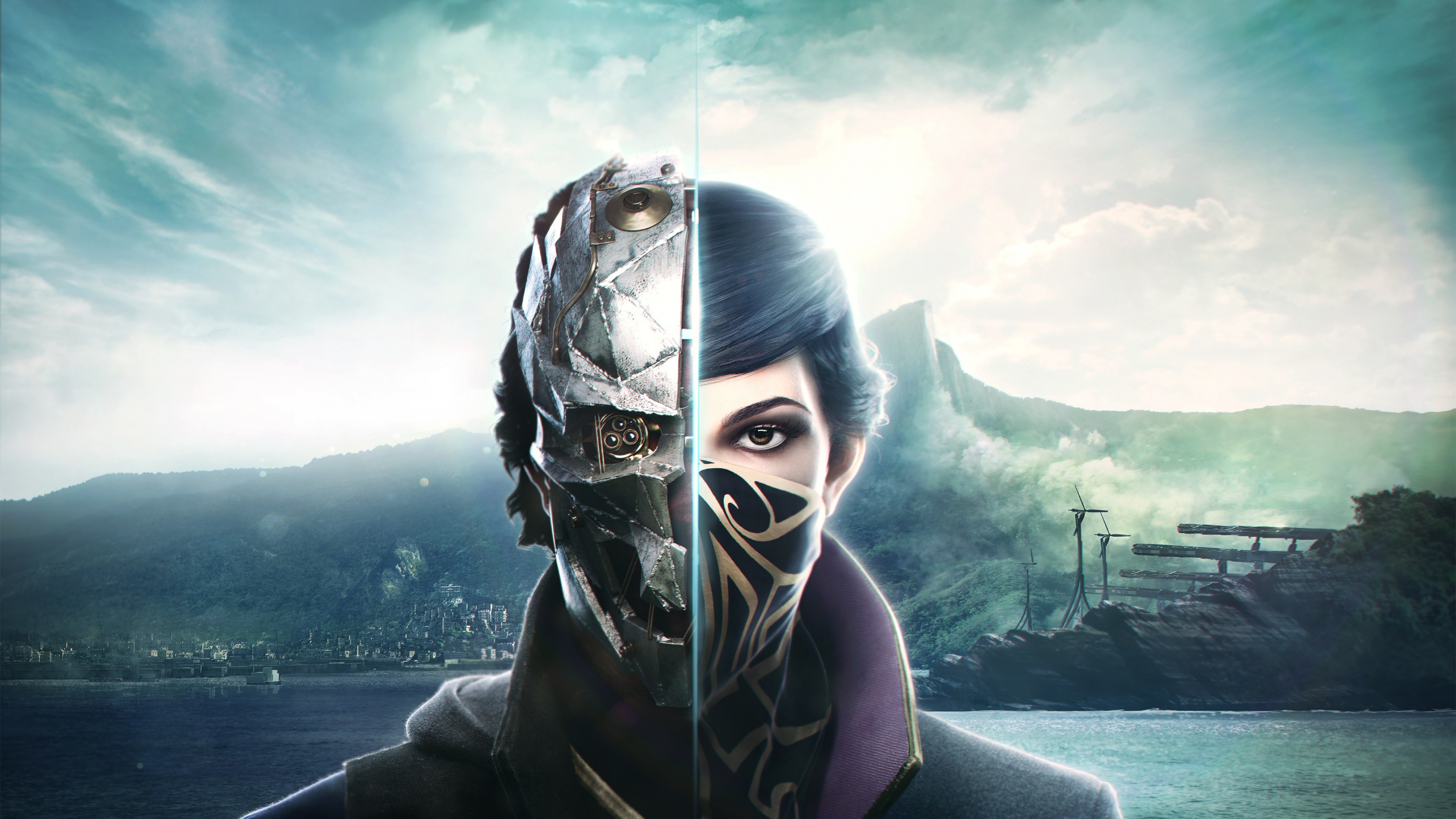 Emily Kaldwin, Corvo Attano, Dishonored 2, Karnaca, Maschera, 4K, sfondo Windows 11