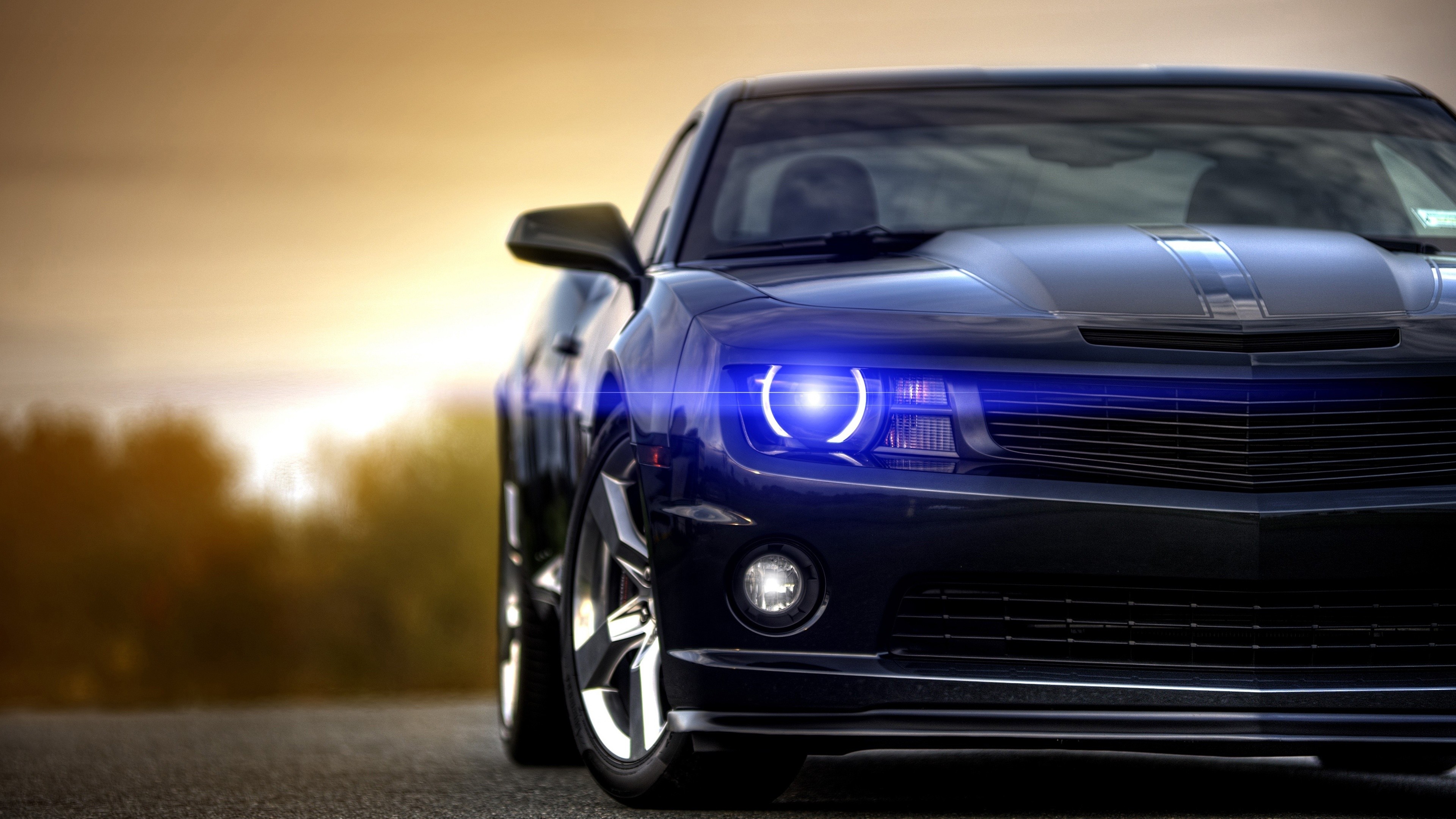 Chevrolet Camaro (quinta generazione), Chevrolet Camaro, Fari angel eyes, Muscle car, Tramonto, sfondo 4K