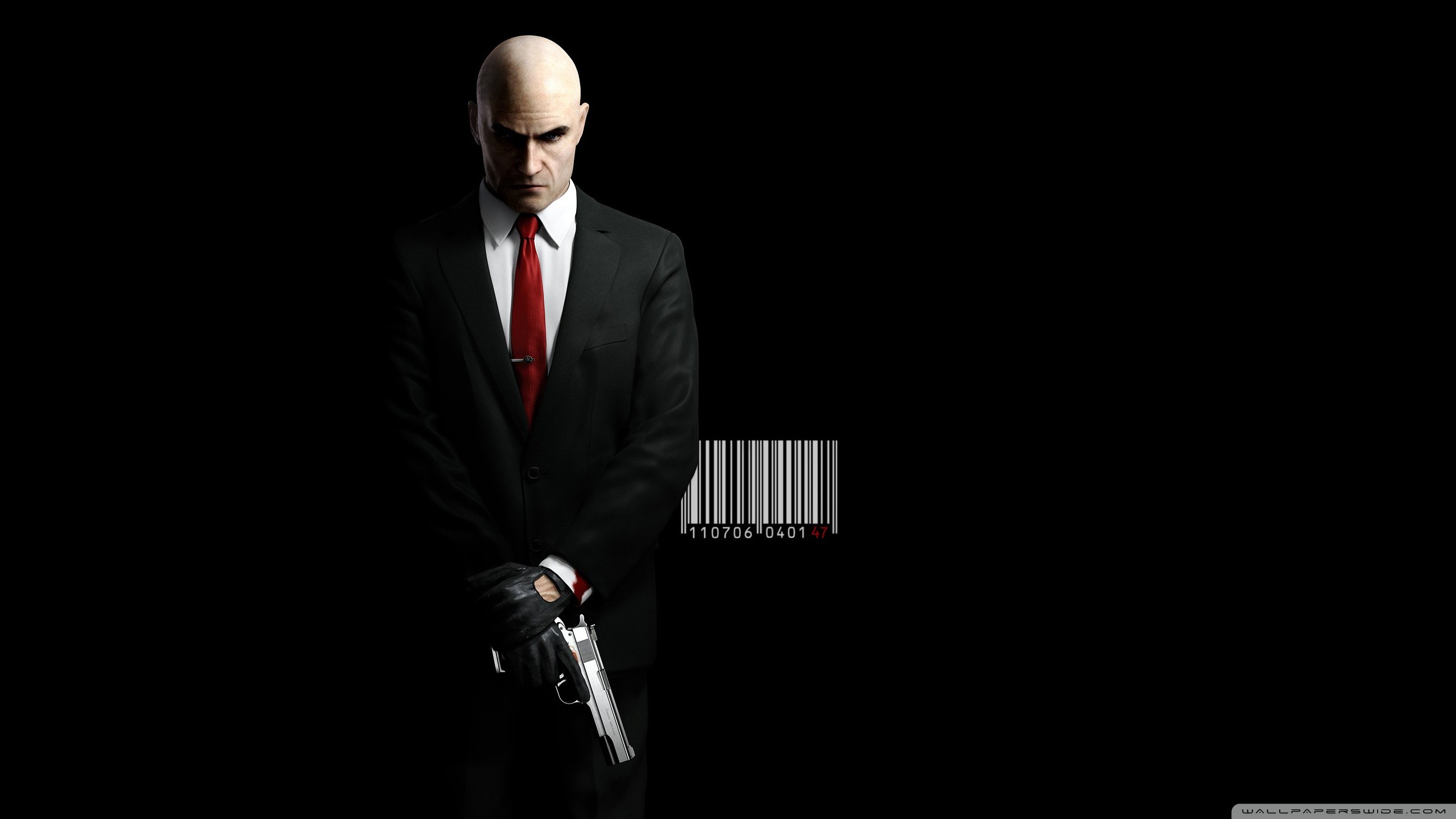 Hitman, Agente 47, Codice a barre, Sfondo nero, 2K, wallpaper per PC