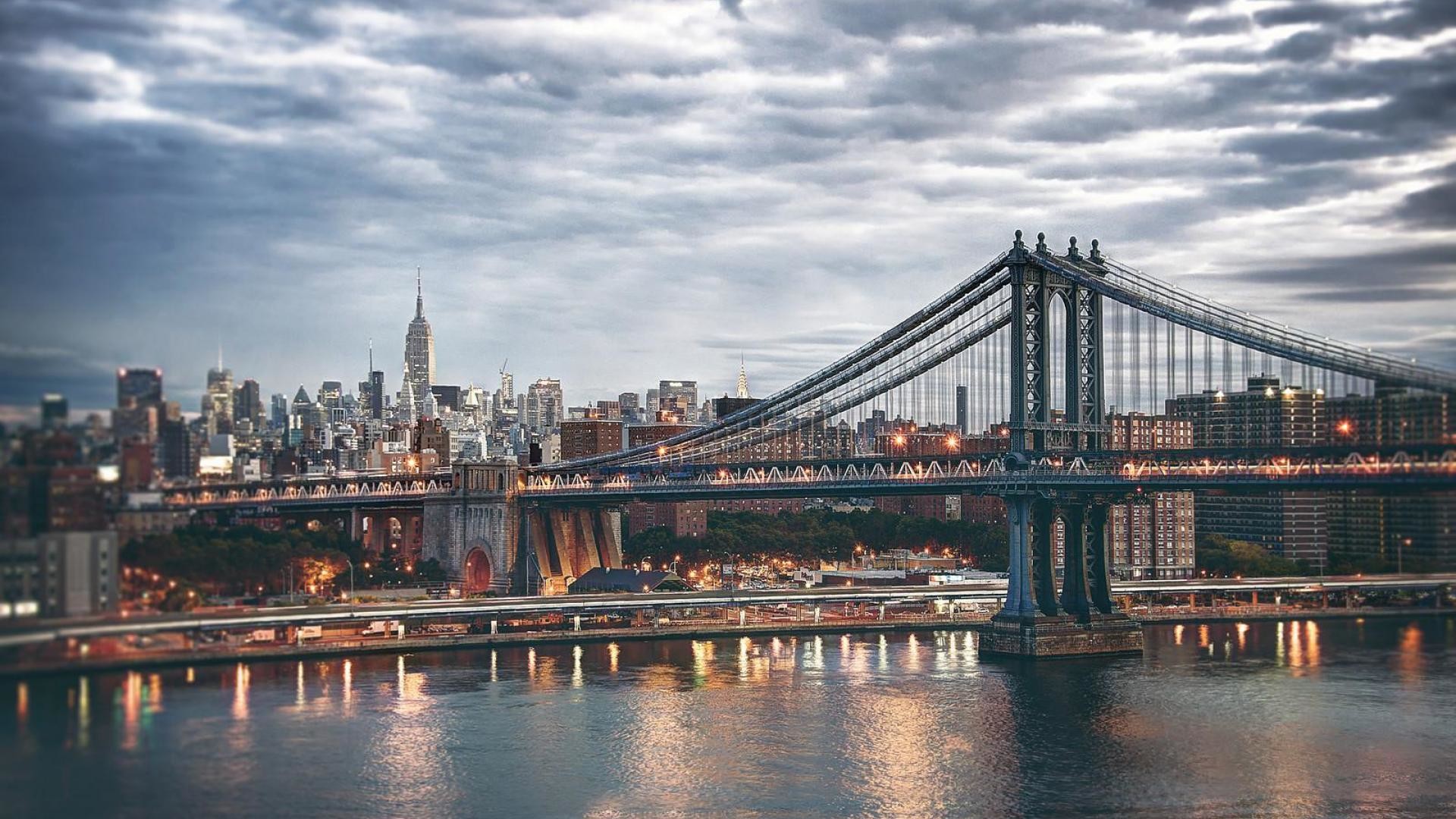 Manhattan Bridge, East River, Skyline, New York, Full HD 1080p, sfondo desktop