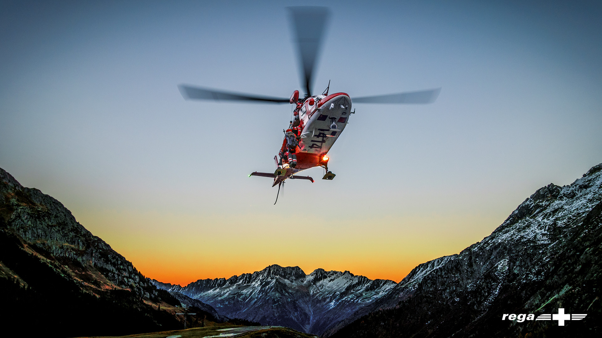 Rega, Elicottero di soccorso, Montagne, Tramonto, 1920x1080, wallpaper desktop