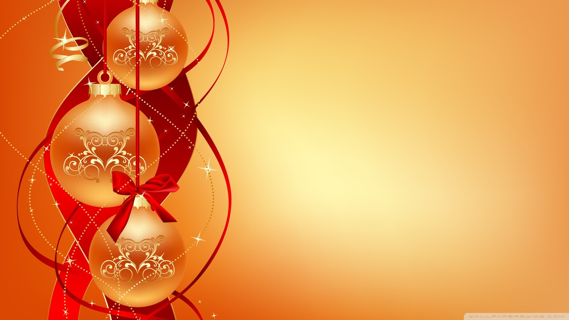 Palline dorate, Nastri rossi, Arancione, Decorazioni, Minimalista, sfondo 16:9 Full HD