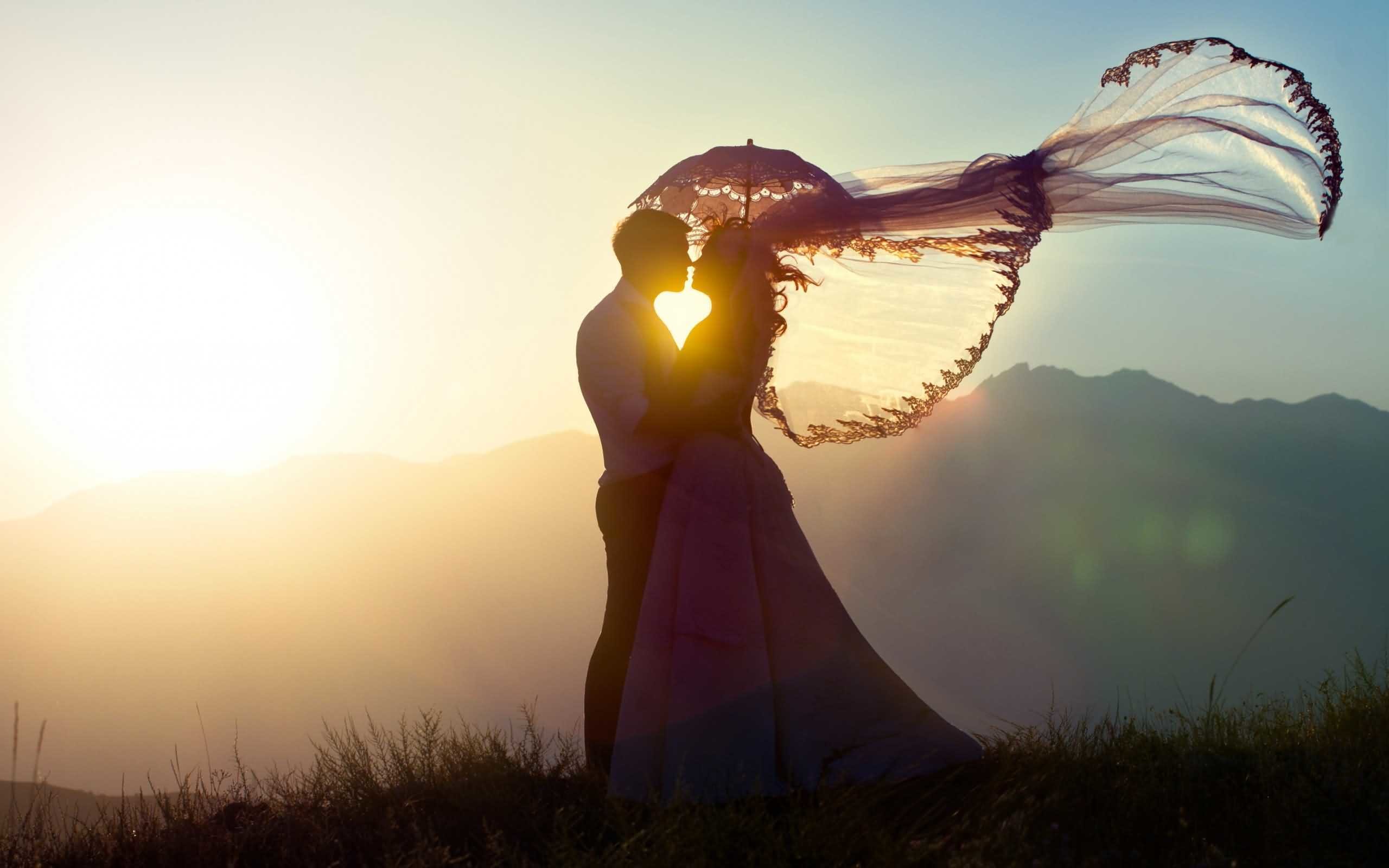 Sposi, Silhouette, Velo, Tramonto, Bacio, 2560x1600, sfondo MacBook Pro
