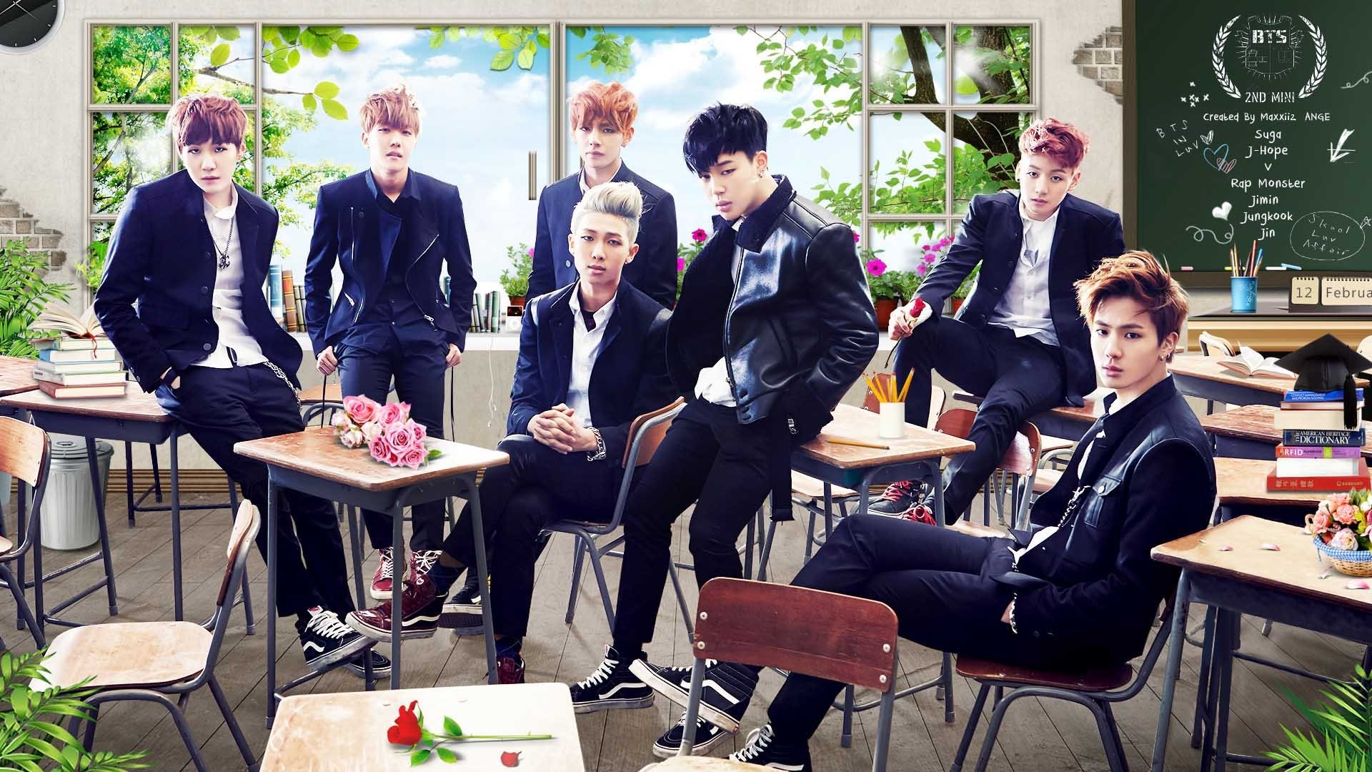 BTS, Bangtan Boys, Aula, Banchi di scuola, Gruppo, Full HD, sfondo per PC e portatile