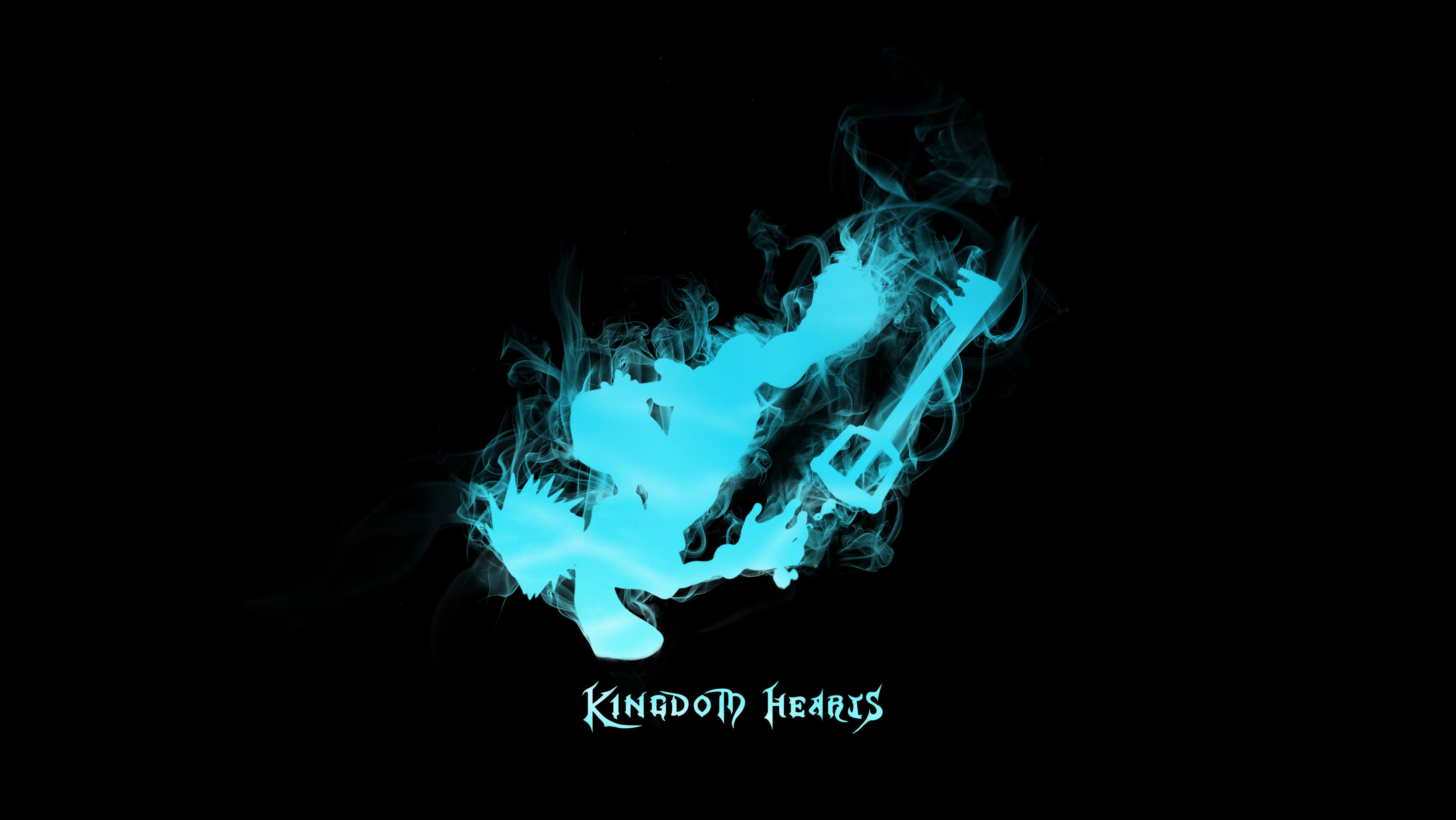 Kingdom Hearts, Keyblade, Fumo azzurro, Sfondo nero, Minimalista, wallpaper desktop 2K