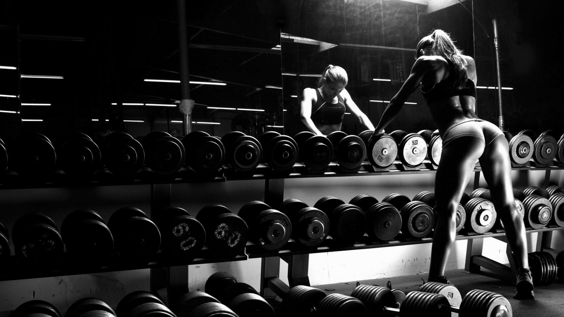 Palestra, Manubri, Fitness femminile, Bianco e nero, Full HD, sfondo desktop