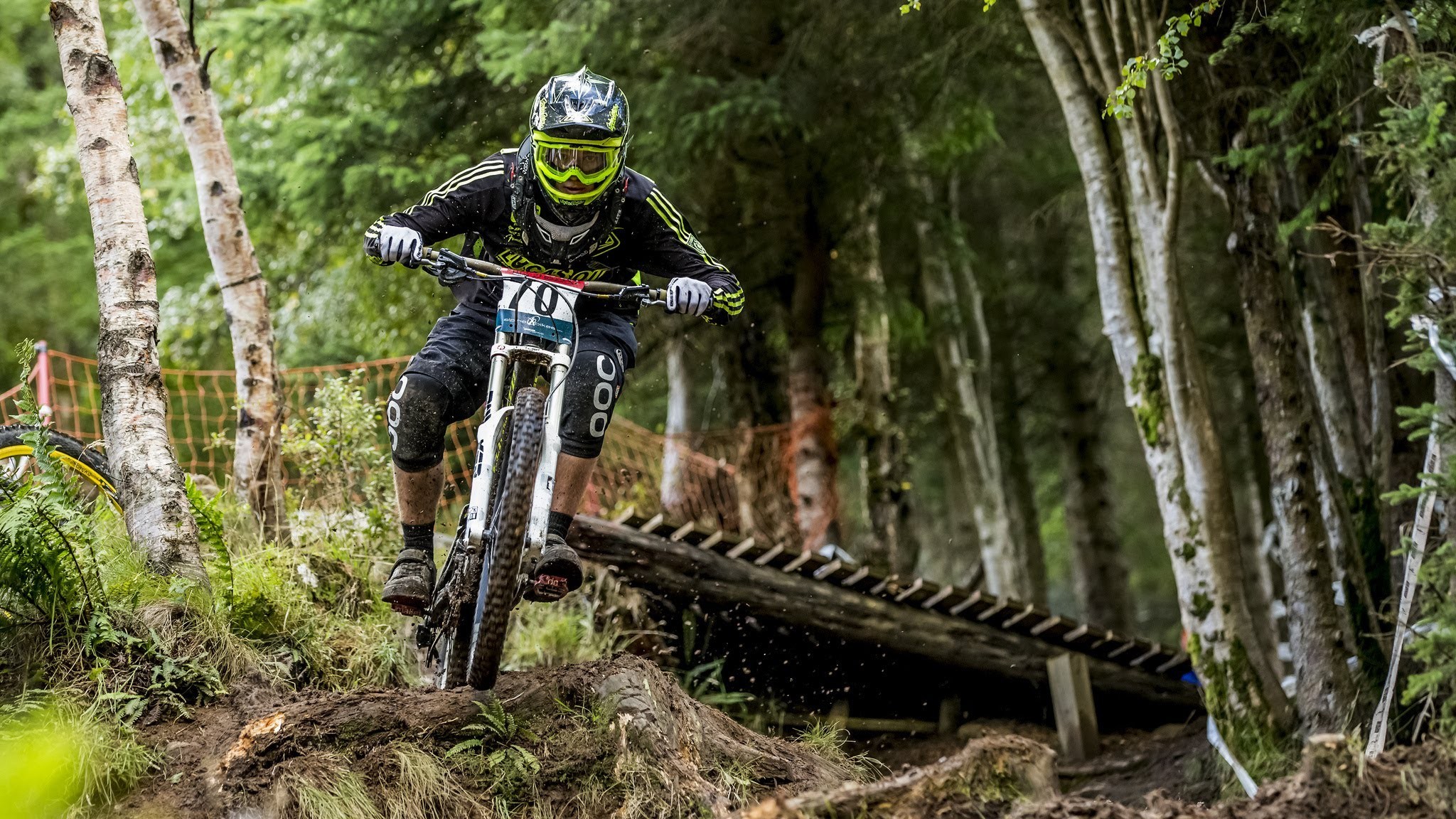Mountain bike, Gara di discesa, Bosco, Passerella, Full HD, sfondo Windows 11
