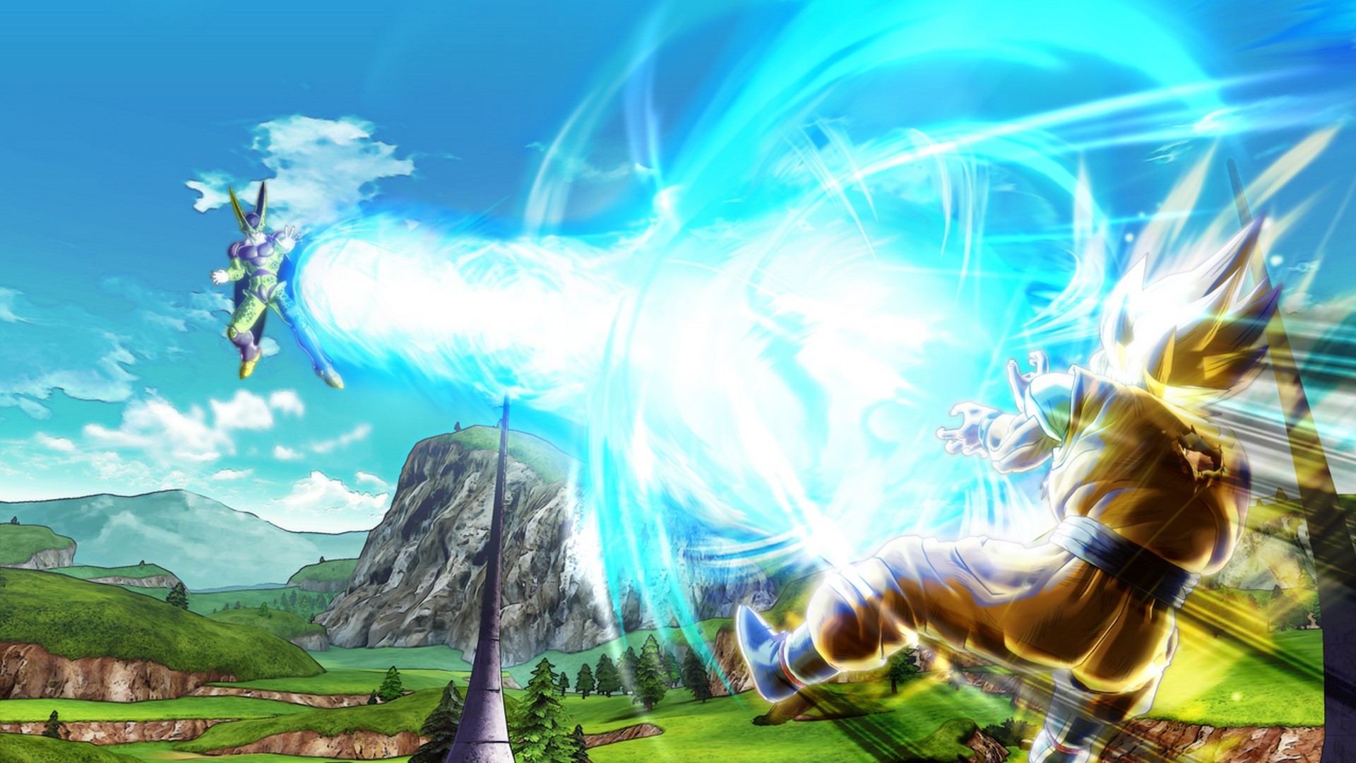 Goku, Kamehameha, Dragon Ball Z, Paesaggio, Raggio di energia, 16:9 Full HD, sfondo widescreen
