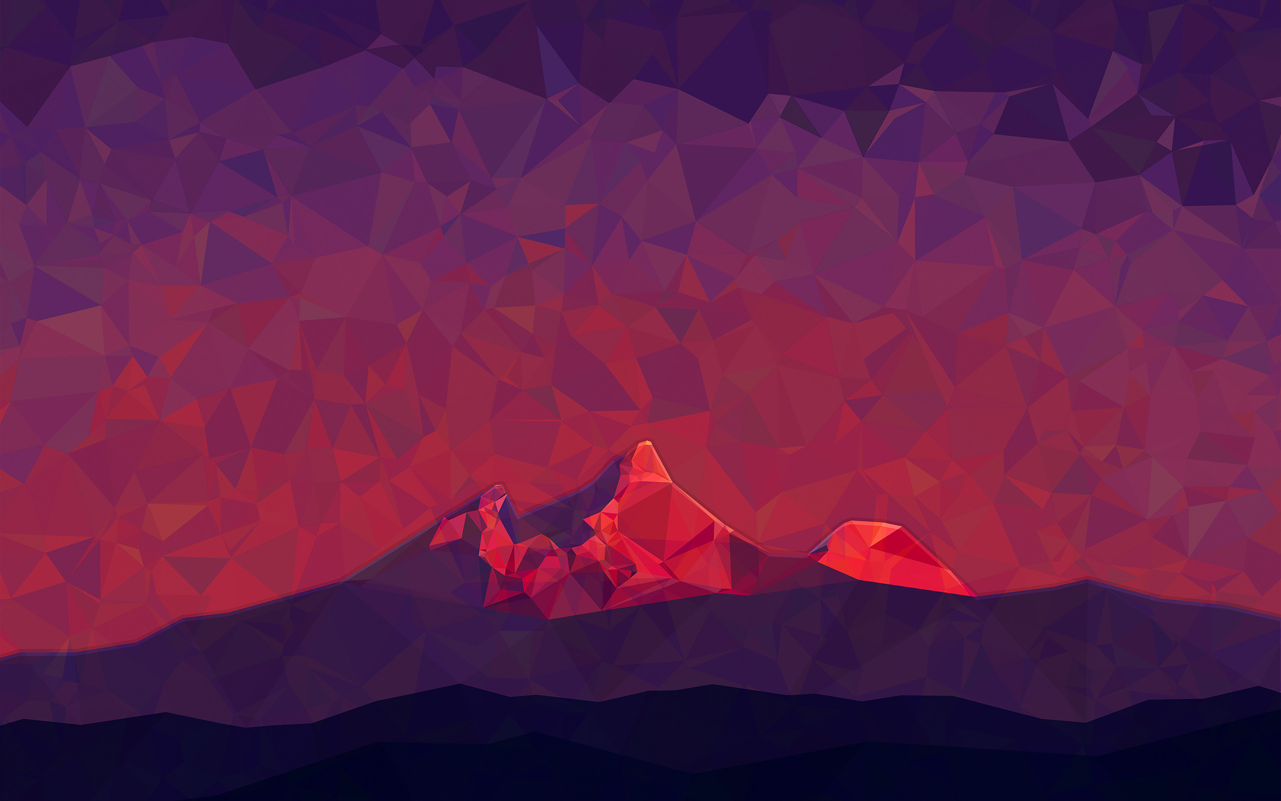 Montagne low poly, Rosso, Viola, Tramonto, Poligoni, 2K, sfondo Windows 11