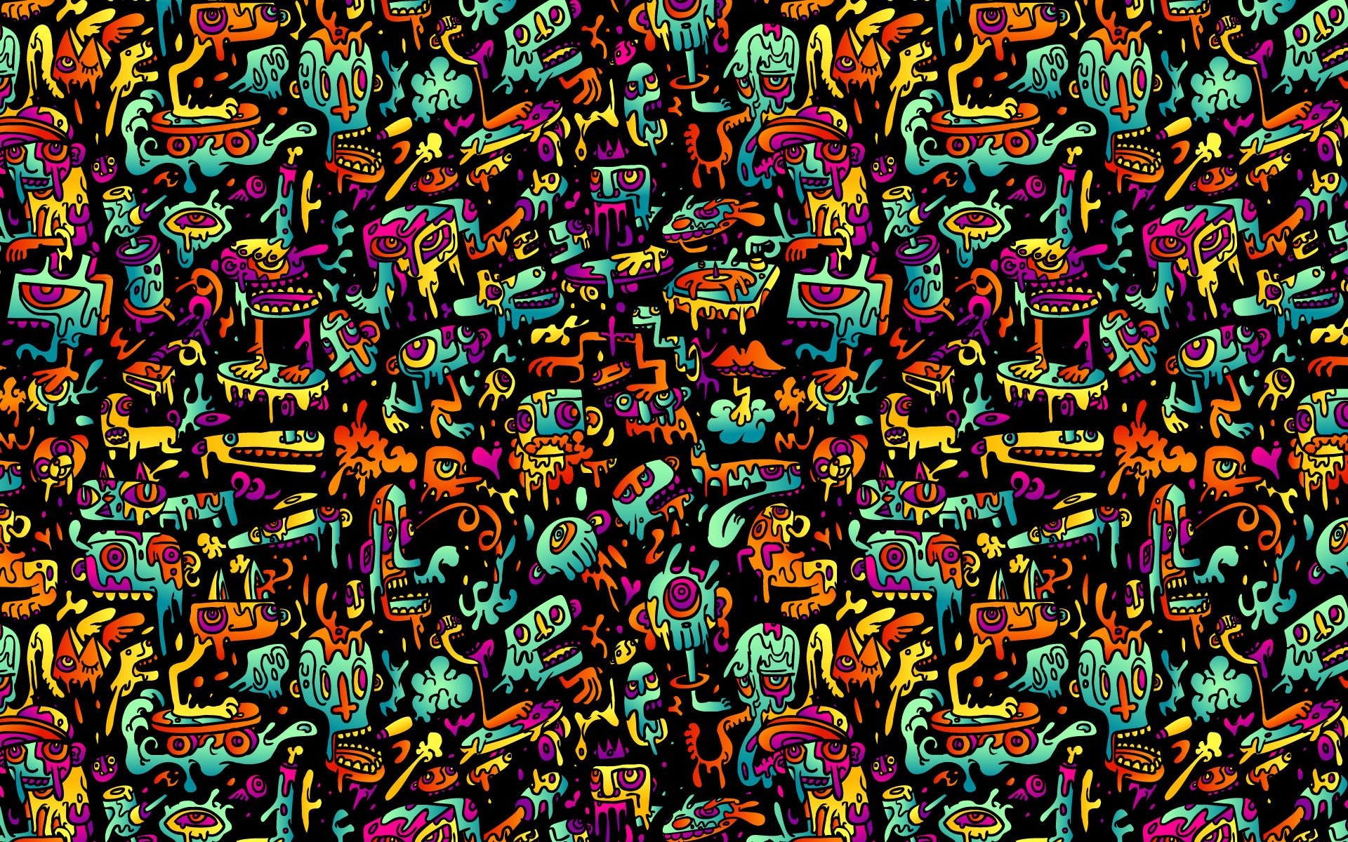 Doodle art, Motivo, Sfondo nero, Colori neon, 16:10 Full HD, wallpaper widescreen