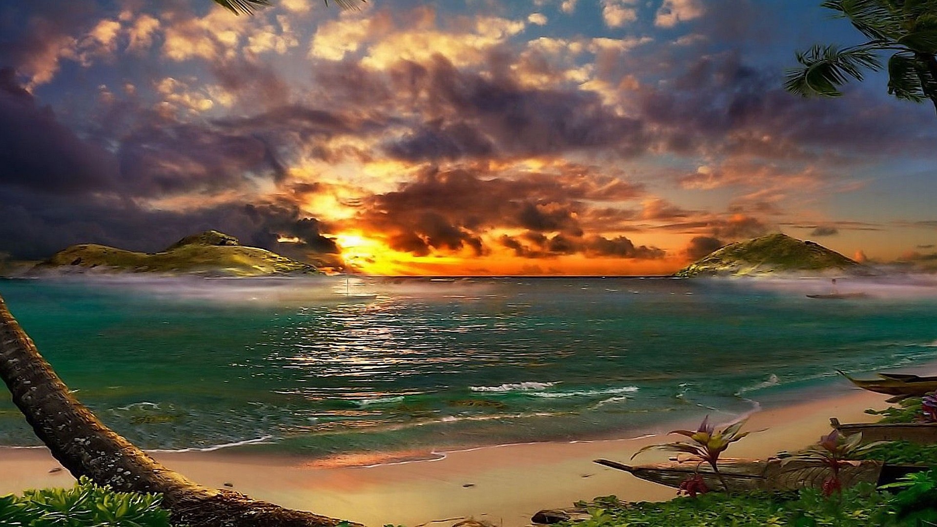 Spiaggia tropicale, Palma, Isole, Tramonto, Arte digitale, 1920x1080, sfondo per PC