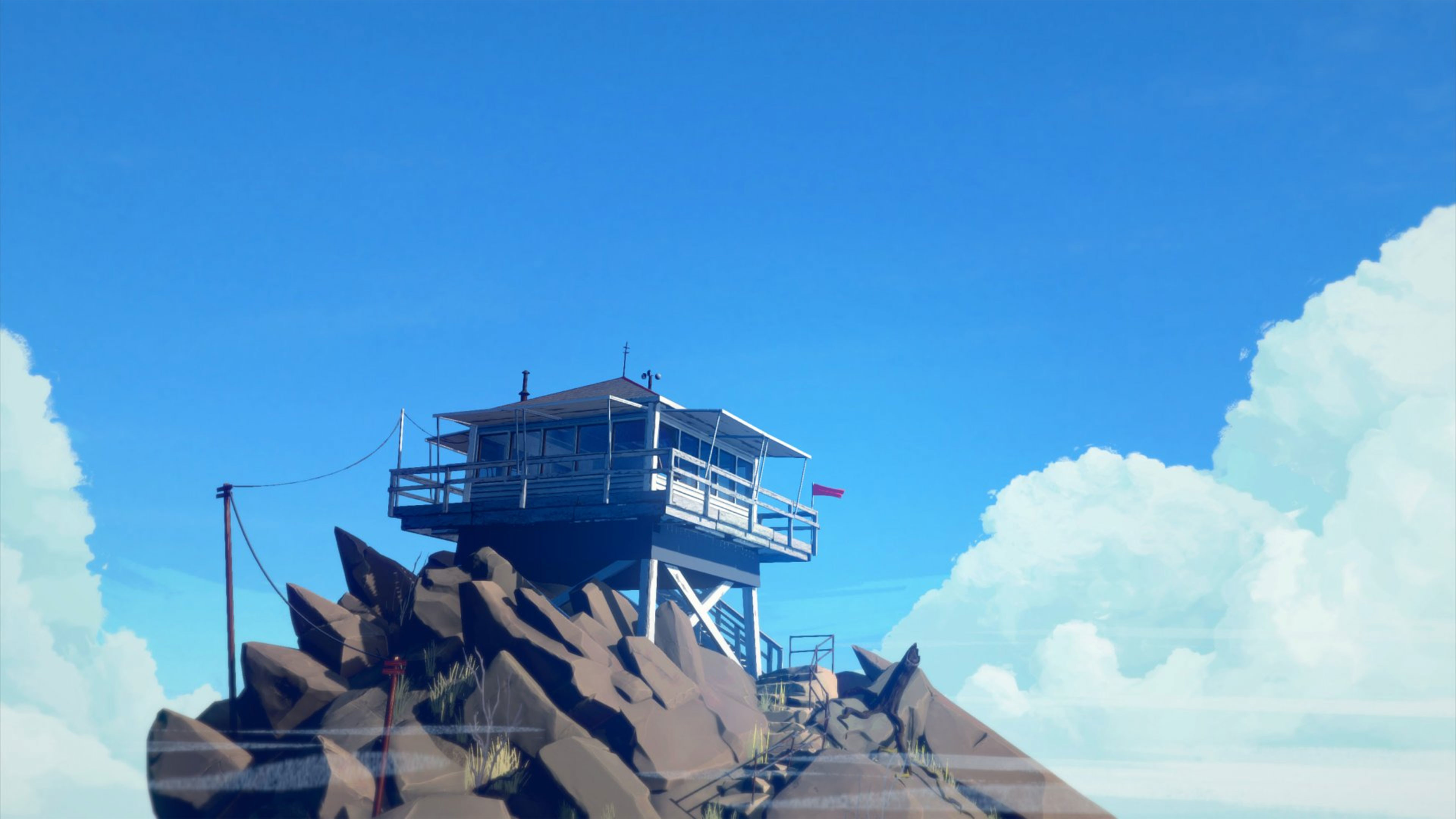 Firewatch, Torre di avvistamento, Cielo azzurro, Nuvole, 4K, wallpaper per computer