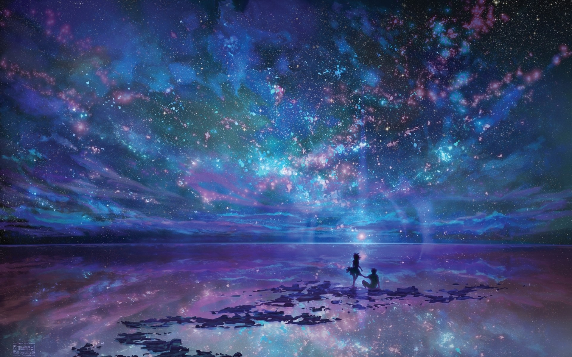 Cielo stellato, Oceano, Illustrazione anime, Riflesso, Fantasy, Full HD, sfondo desktop