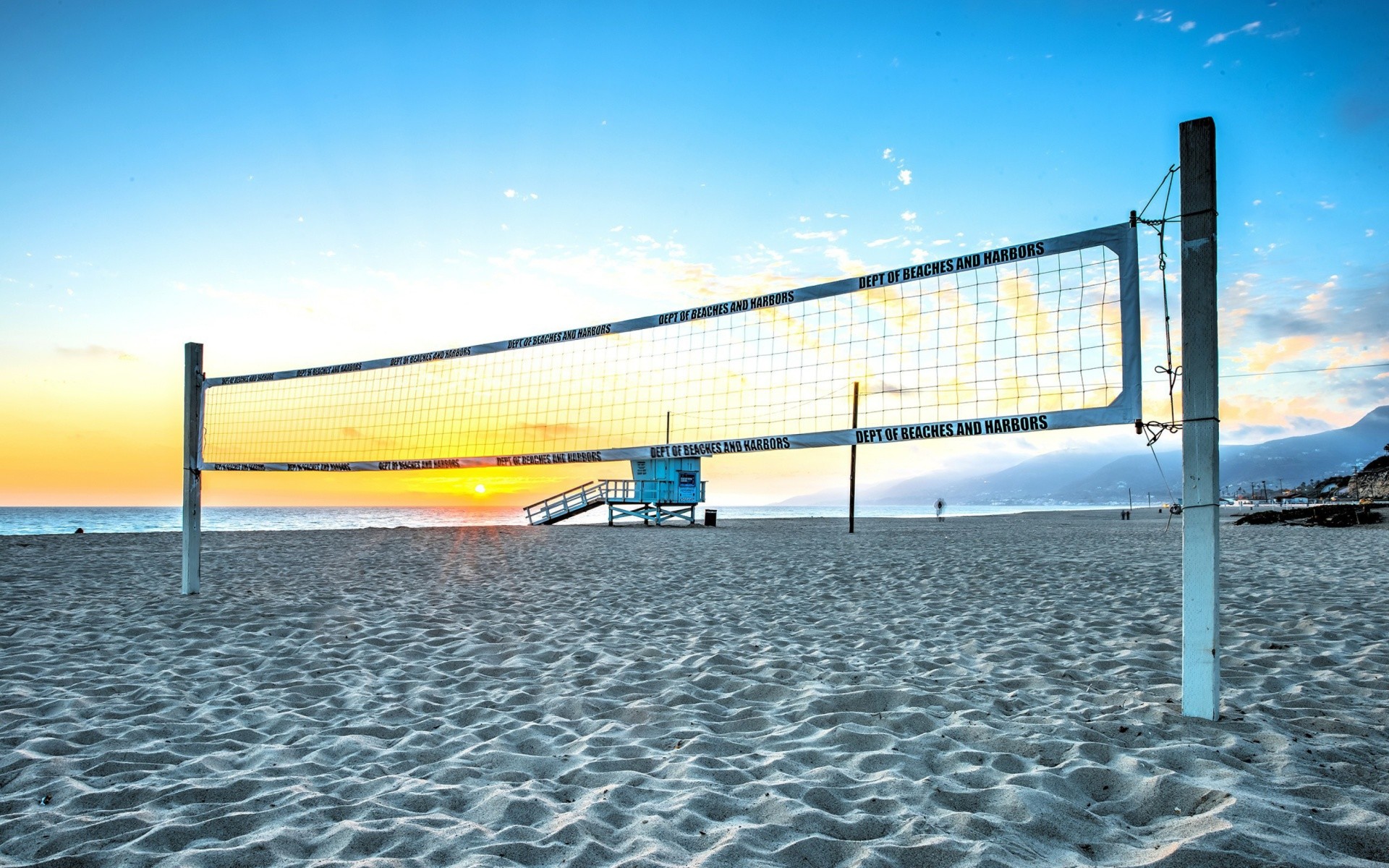 Beach volley, Rete, Spiaggia, Tramonto, Torretta bagnino, 1920x1200, sfondo per PC