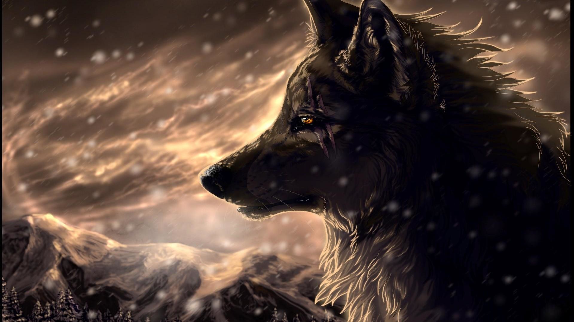 Lupo, Neve, Arte digitale, Montagne, 16:9 Full HD, wallpaper widescreen
