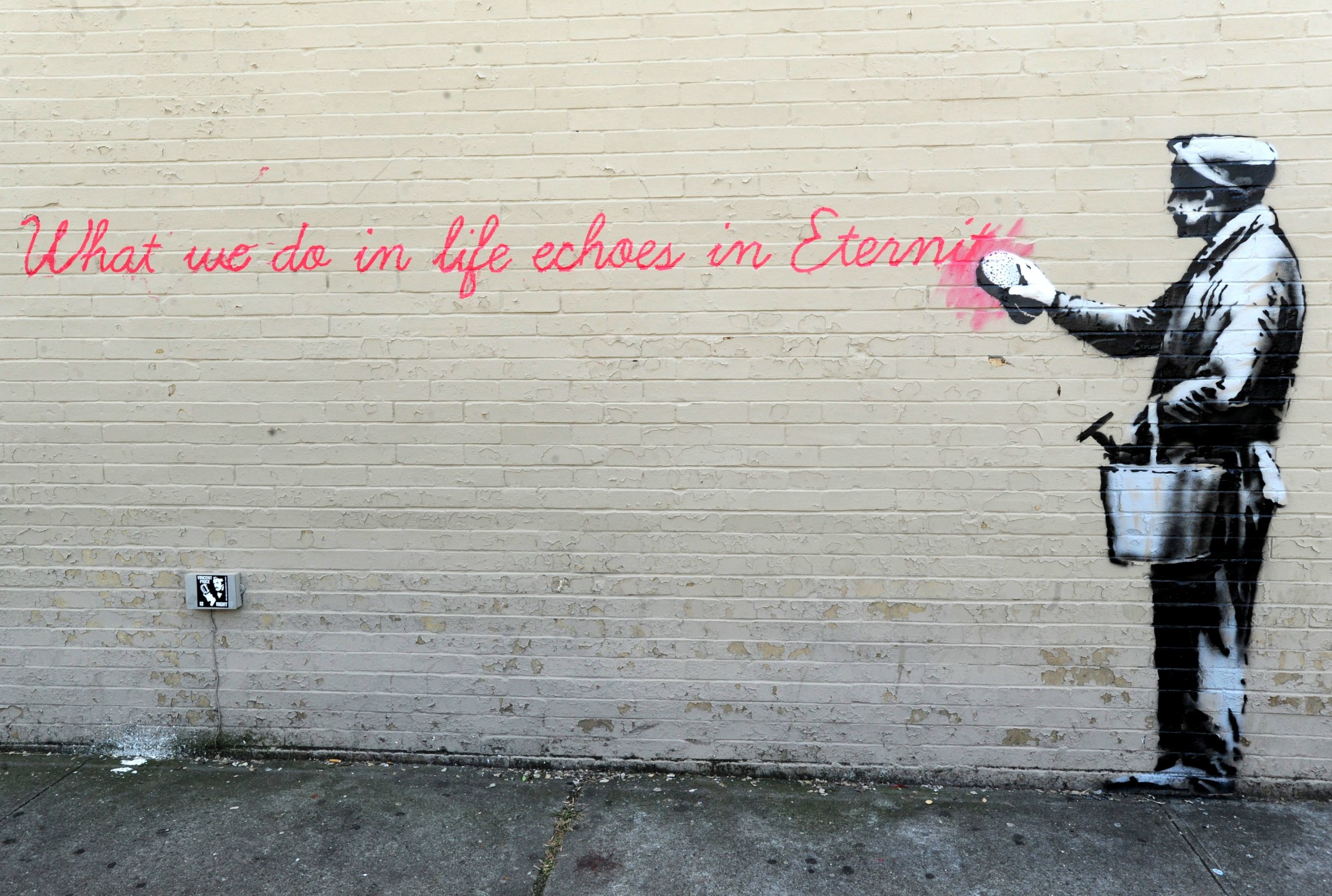 What We Do in Life Echoes in Eternity, Banksy, Street art, Imbianchino, sfondo 2K per computer