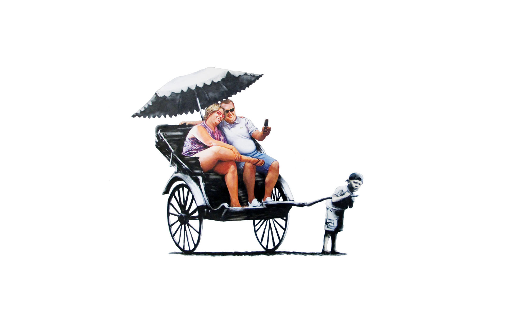 Banksy, Risciò, Turisti, Sfondo bianco, 16:10 Full HD, wallpaper widescreen