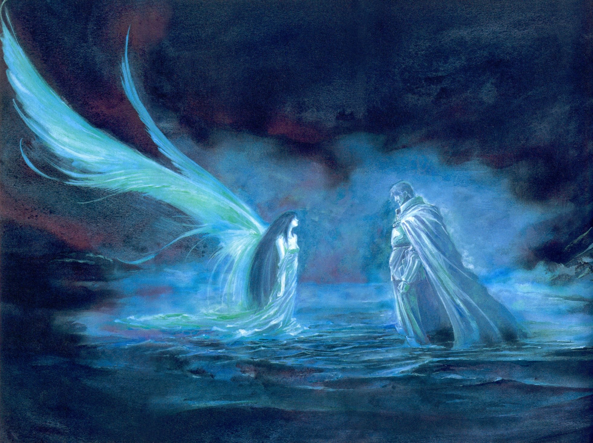 Angelo, Ali blu, Acqua, Notte, Pittura digitale, Full HD, sfondo per iPad e tablet