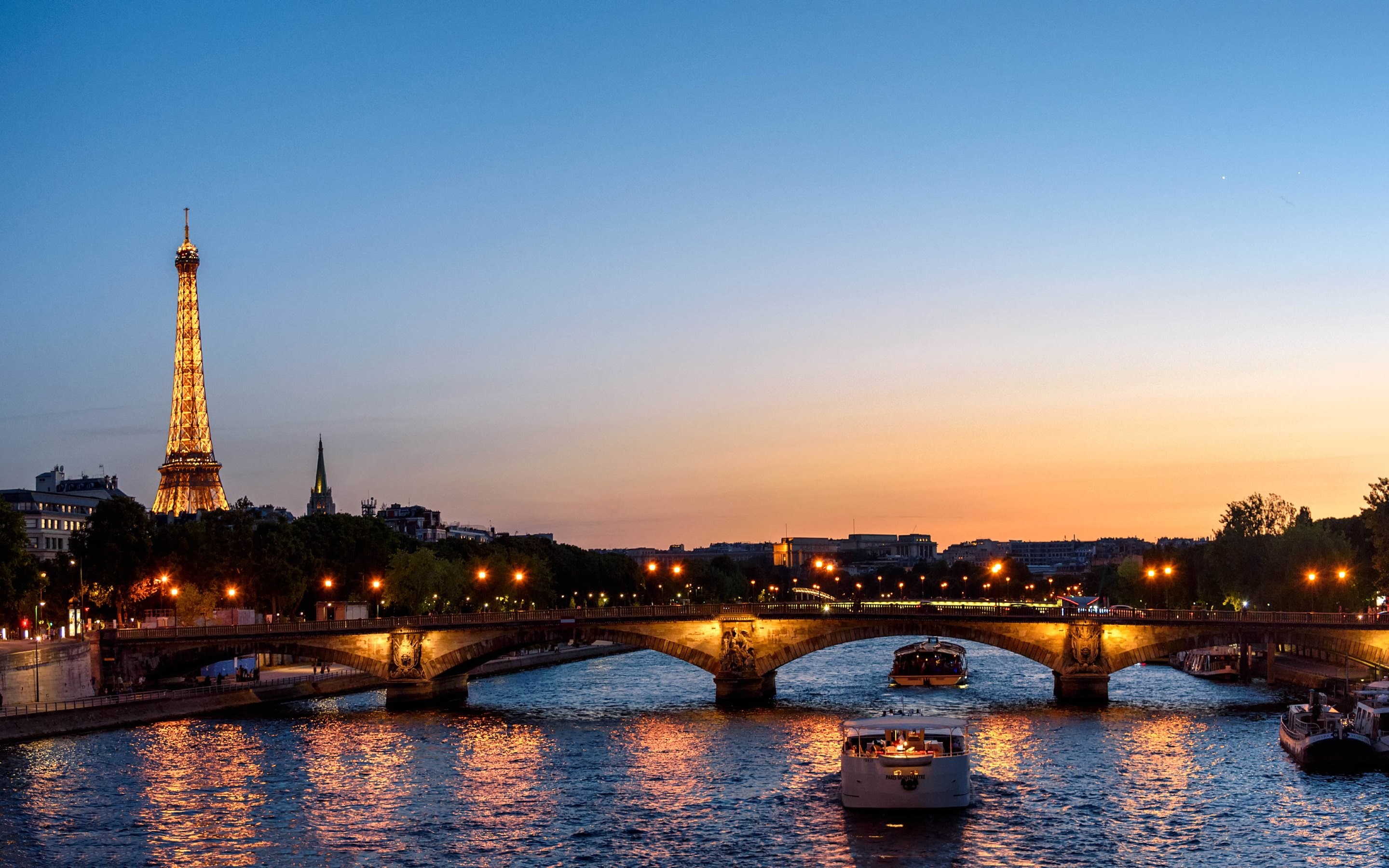 Torre Eiffel, Parigi, Senna, Ponte, Crepuscolo, 2880x1800, sfondo per PC