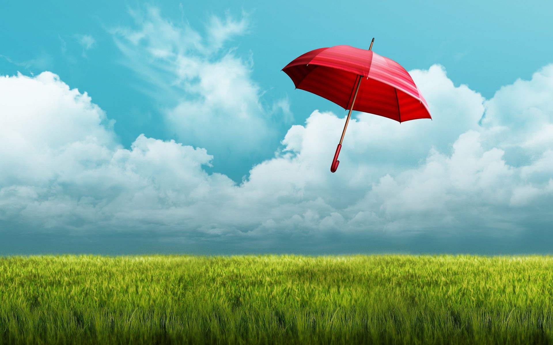 Ombrello rosso, Prato, Cielo azzurro, Nuvole, sfondo per LG G2