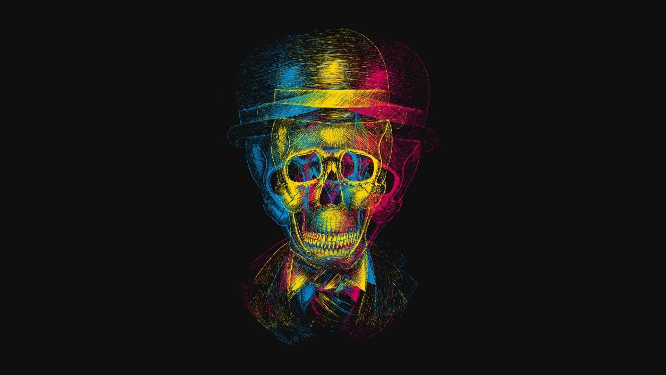 Teschio con bombetta, Colori neon, Illustrazione, Sfondo nero, 2K, wallpaper desktop