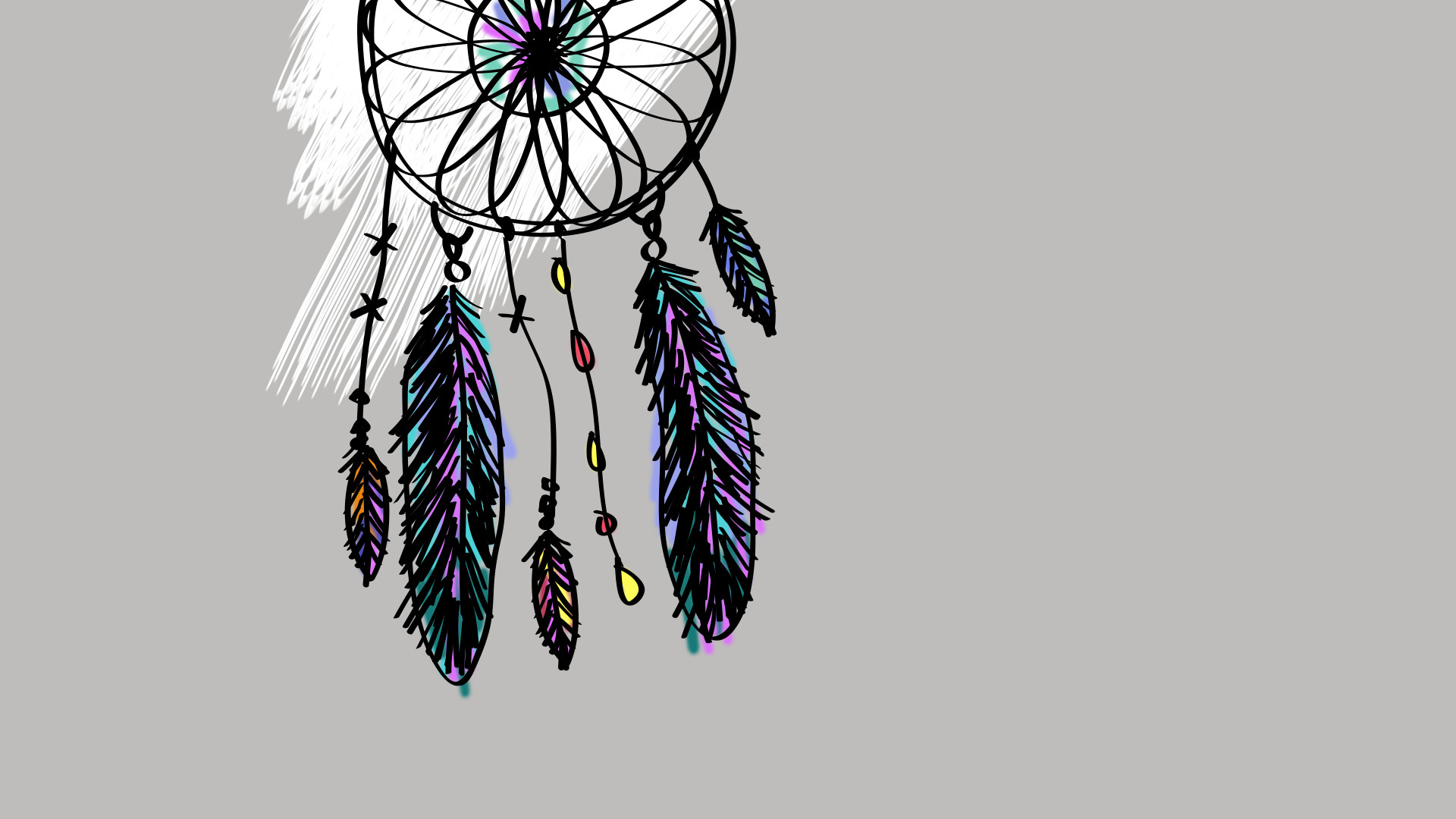 Acchiappasogni, Piume, Disegno, Sfondo grigio, 16:9 Full HD, wallpaper widescreen