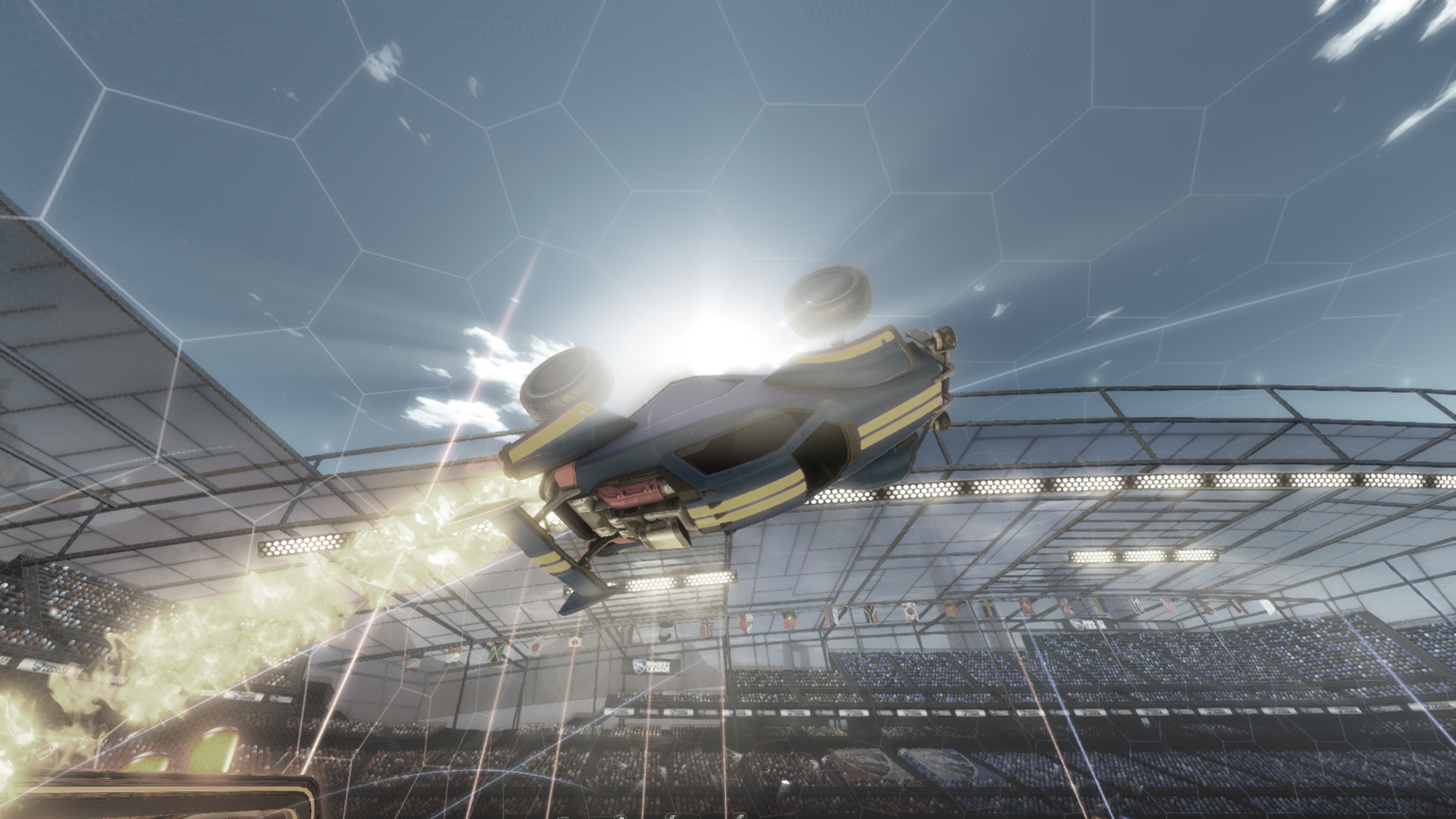 Rocket League, Auto in volo, Stadio, Esplosione, 16:9 Full HD, sfondo widescreen