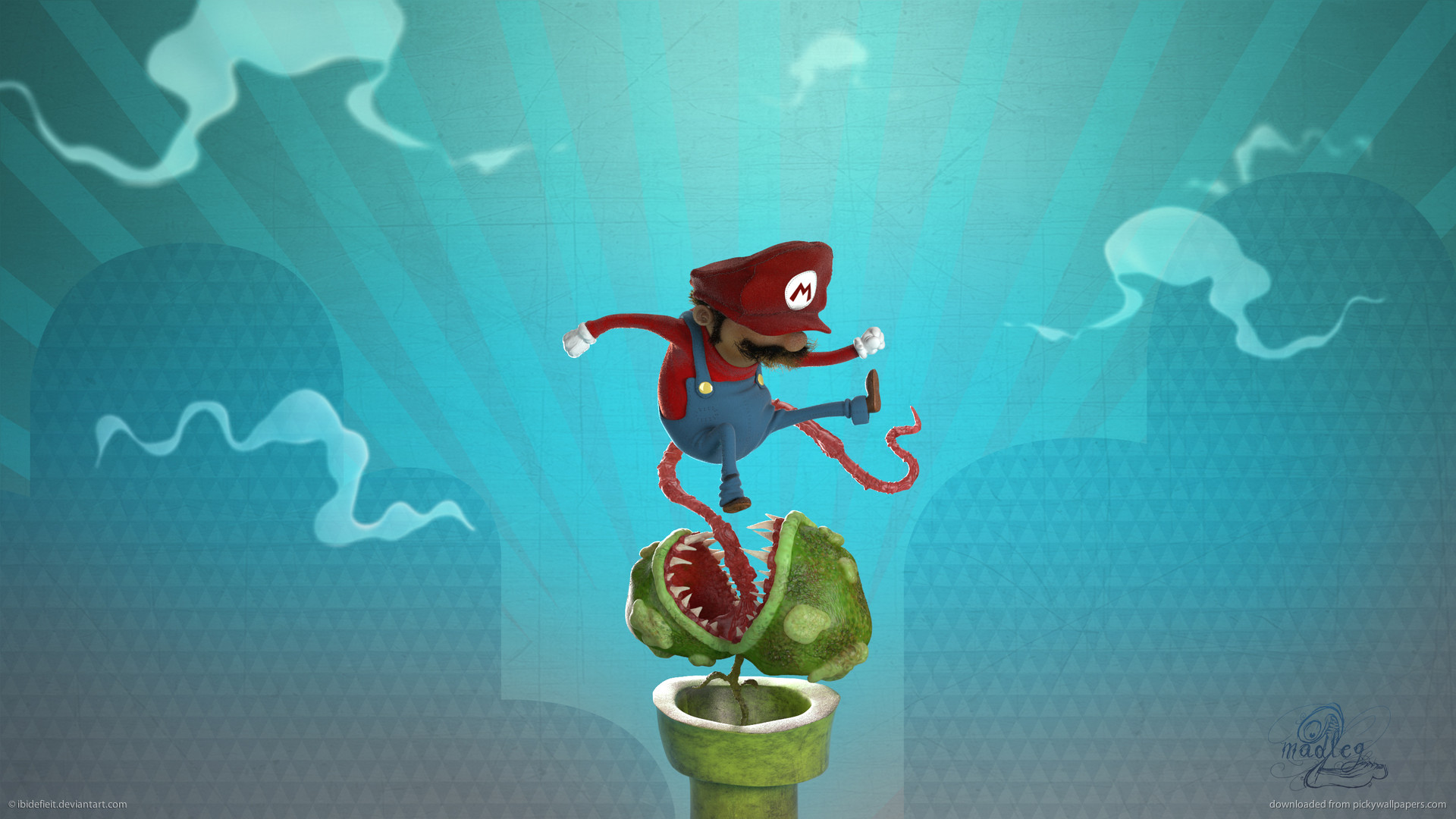 Mario, Pianta Piranha, Tubo verde, Fan art, Sfondo azzurro, Full HD, wallpaper per computer