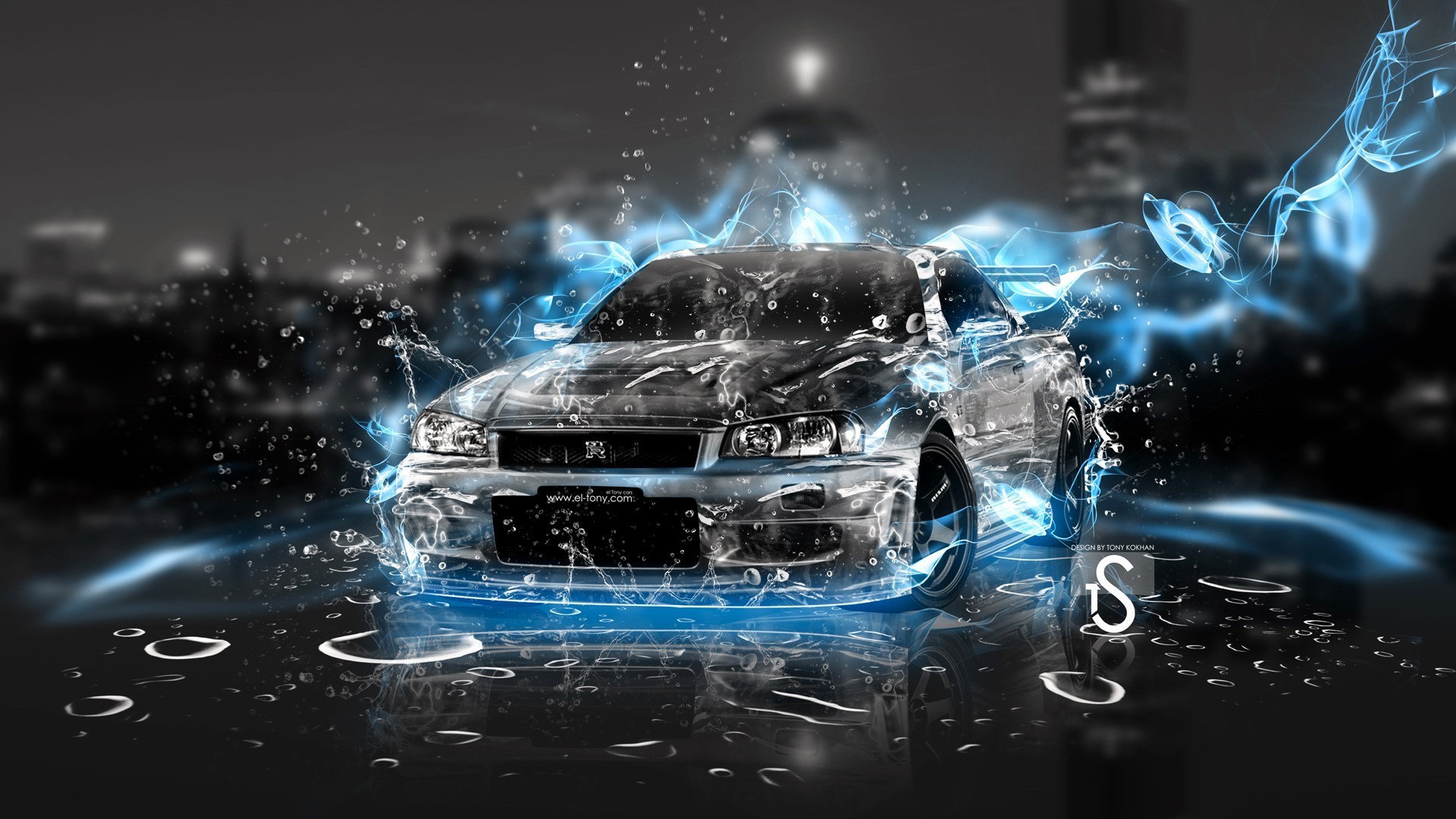 Nissan Skyline GT-R (R34), Acqua, Arte digitale, Azzurro, Full HD 1080p, sfondo desktop