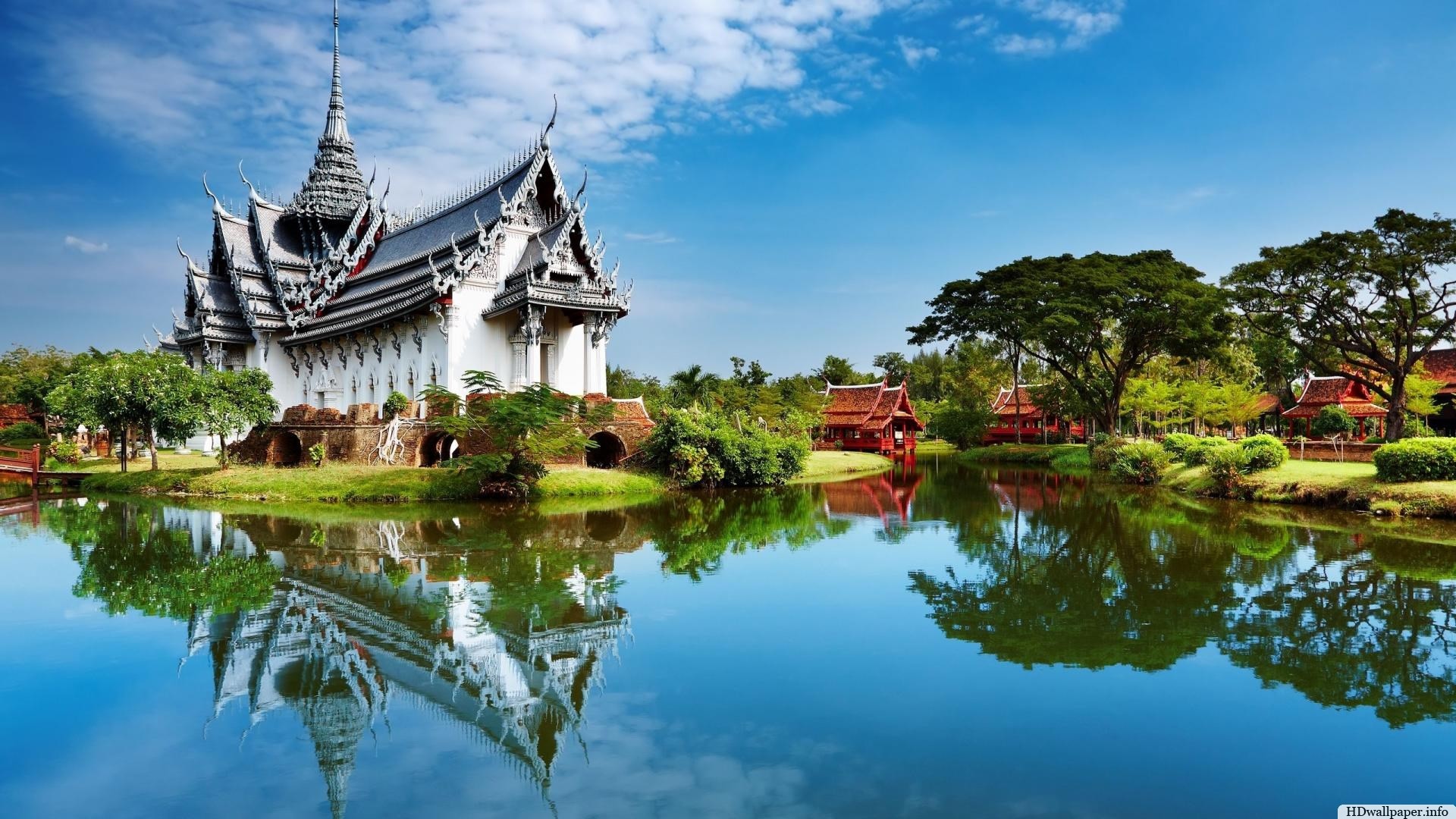 Sanphet Prasat Palace, Ancient Siam, Thailandia, Tempio, Lago, Cielo azzurro, wallpaper PC
