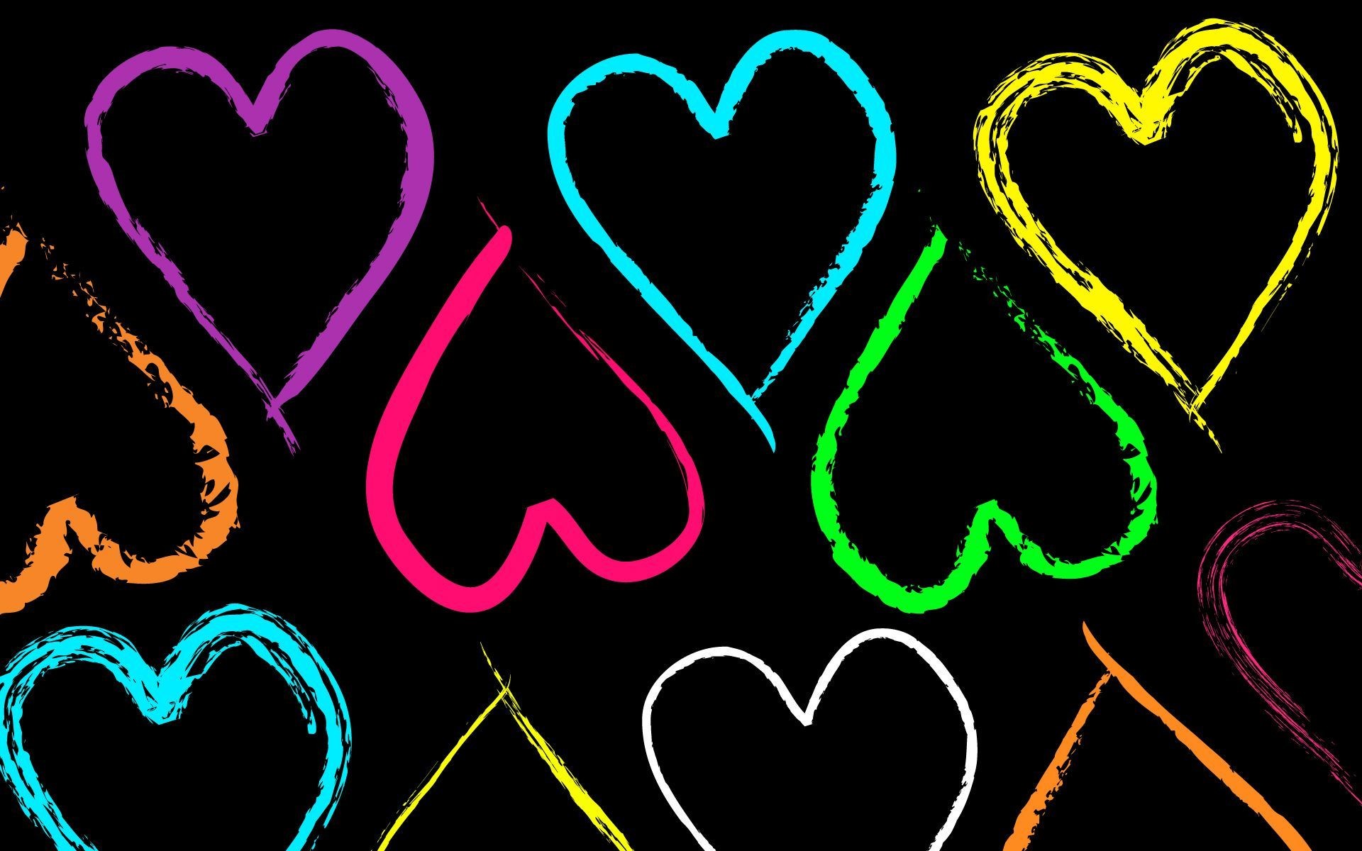 Cuori disegnati, Multicolore, Sfondo nero, Full HD, wallpaper per portatile