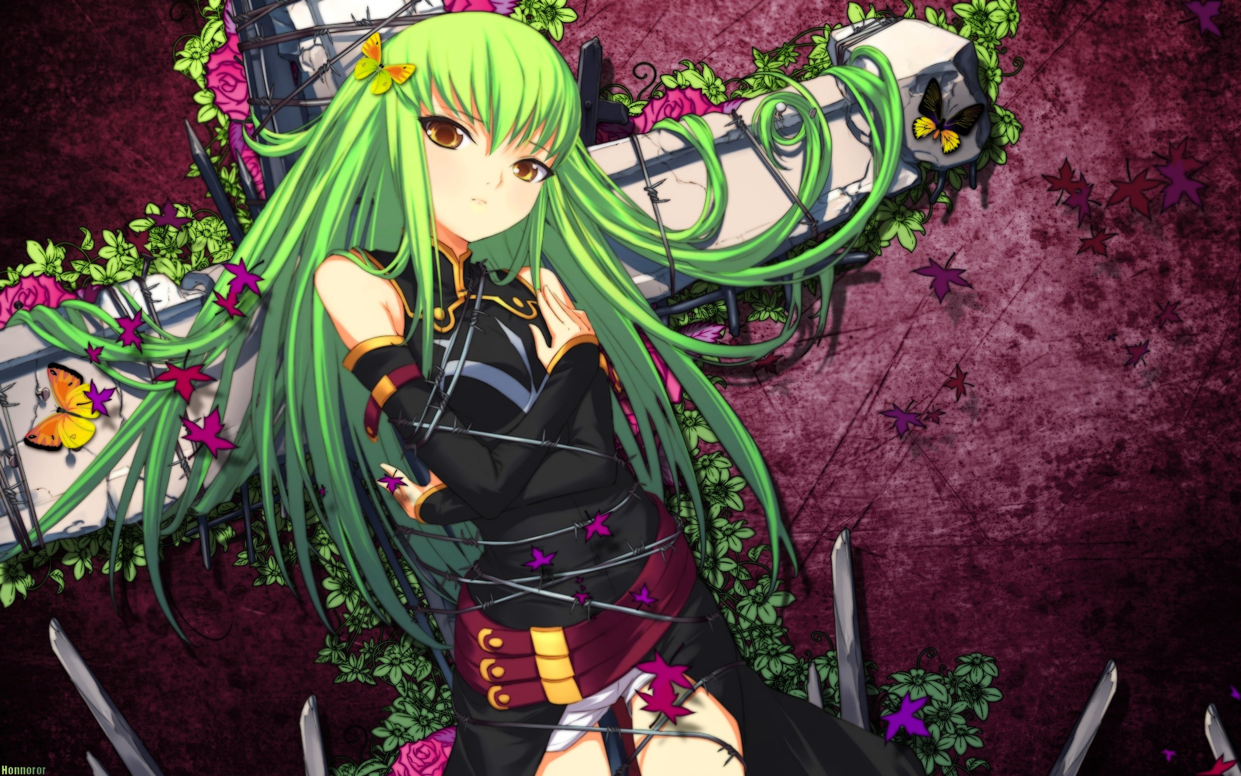 C.C., Code Geass, Fiori, Farfalle, 2K, sfondo per PC
