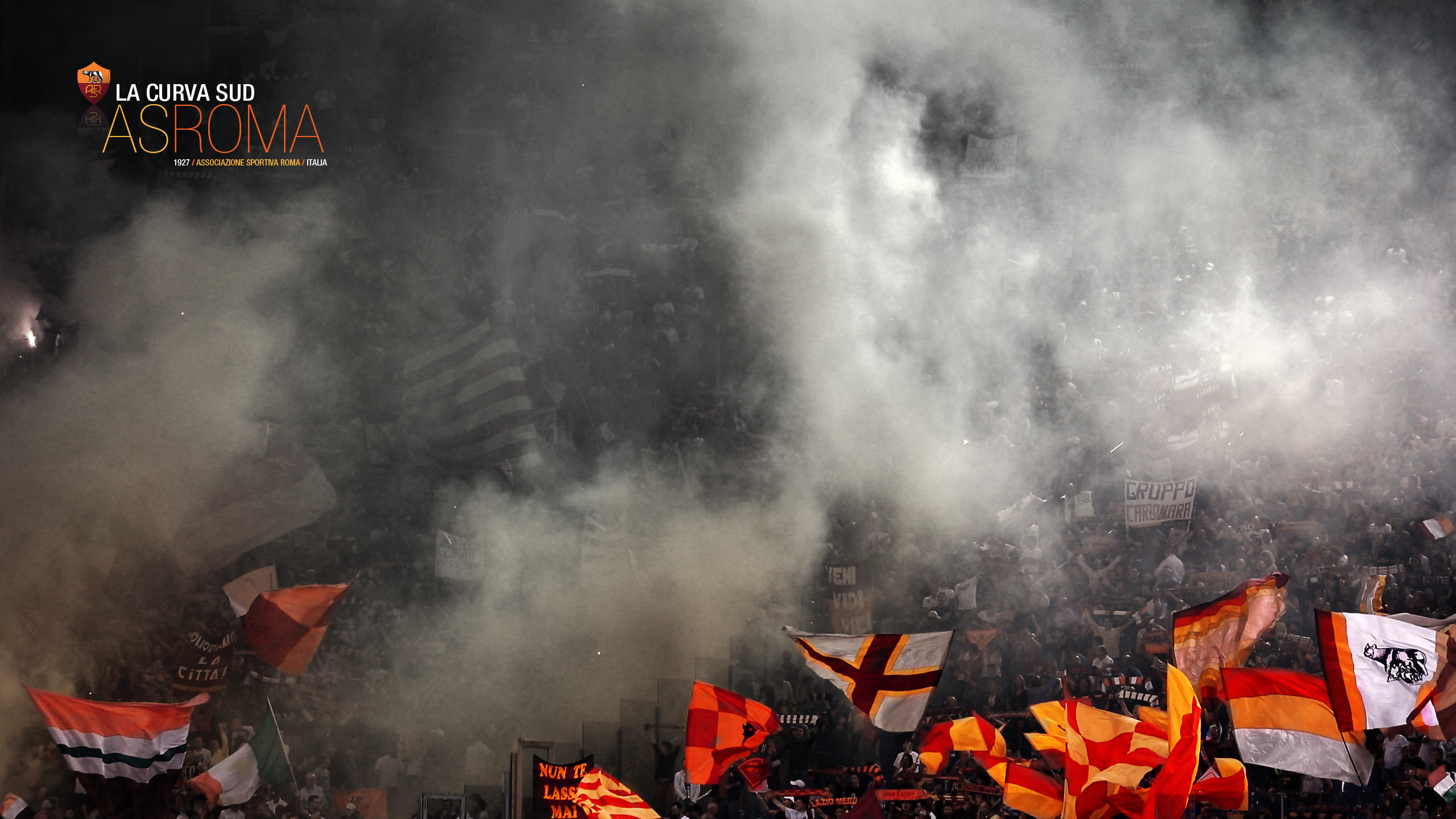 Curva Sud, AS Roma, Tifosi, Fumogeni, 2560x1440, sfondo per PC