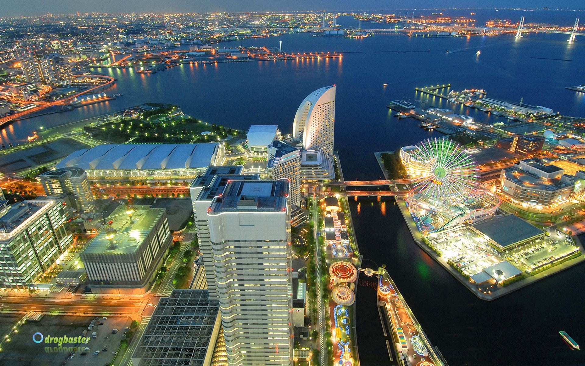 Yokohama, Minato Mirai, Vista aerea, Notte, 16:10 Full HD, sfondo widescreen