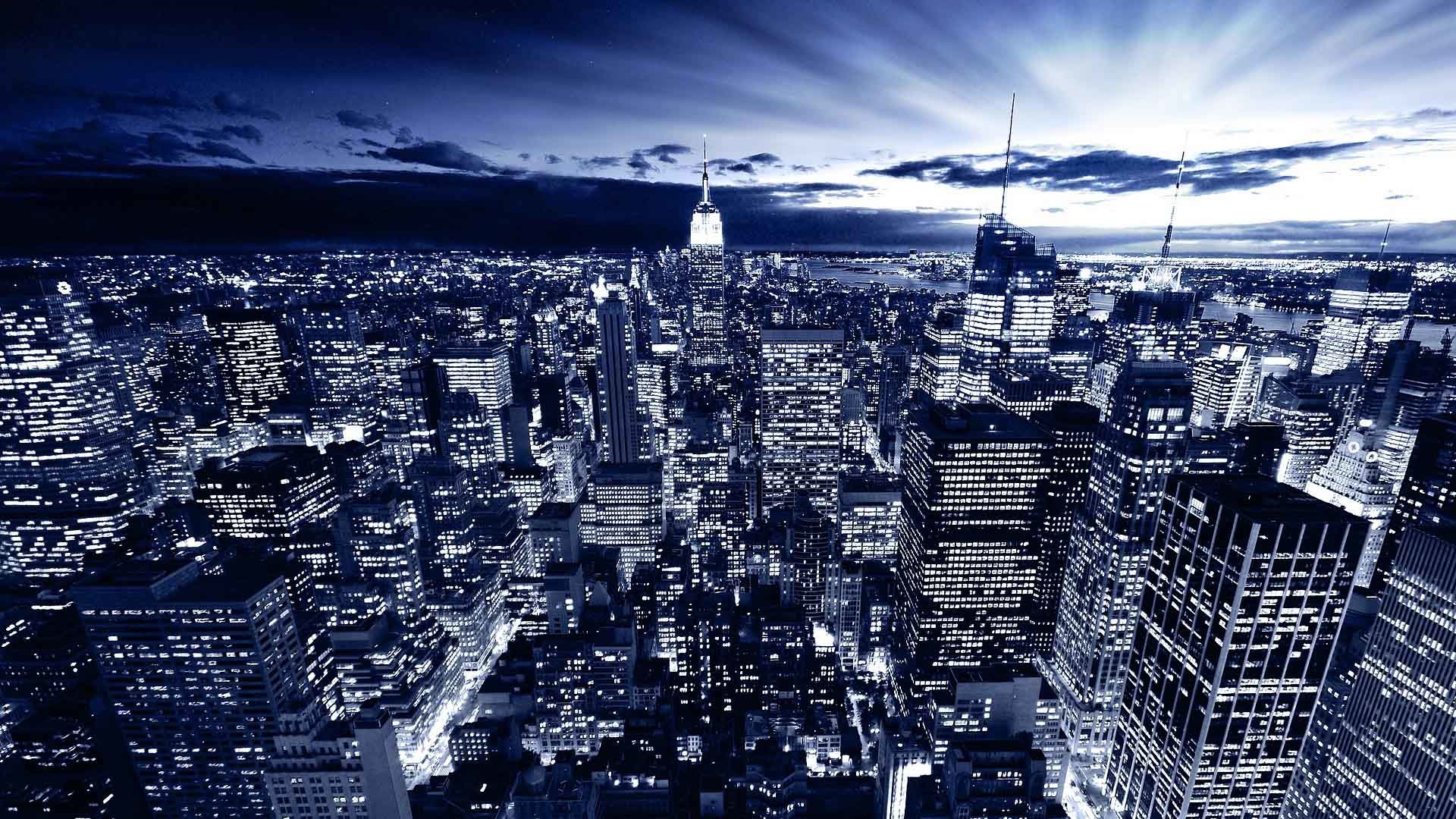 Empire State Building, Manhattan, New York, Notte, Tonalità blu, sfondo 1920x1080 per PC